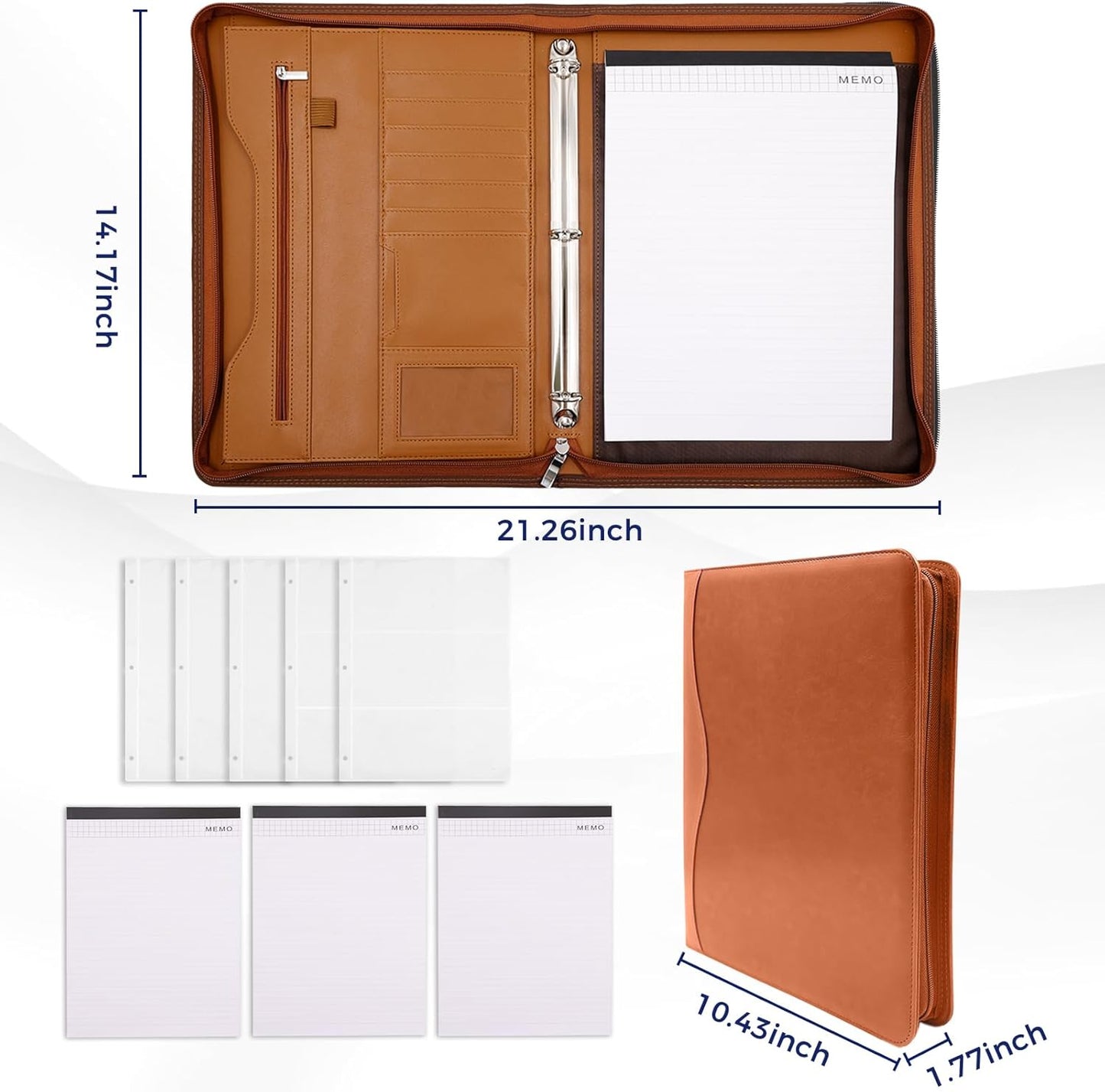 Padfolio Portfolio Folder Binder-Organizer Planner Notebook Zippered Portfolio Padfolio for Women & Men with Document Sleeve,Letter/A4 Size Clipboard,Business Card Holders (Brown-3)