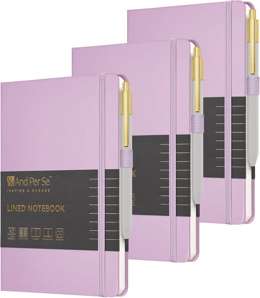 &And Per Se Lined Journal and Pen Set (3 packs), A5 Leather Journal Stationery Set, 160 Pages 100GSM Thick Paper, Notebook Gift Set (Purple)