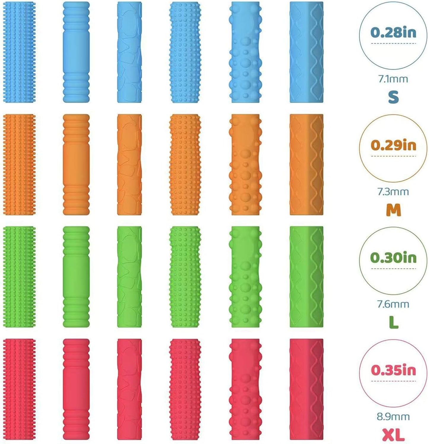 【24PCS】 Four Sizes Silicone Pencil Grips for Kids, Sensory Textured Pencil Grips Fidget Toys, Quiet Handwriting Pencils Sleeve for ADHD, Anxiety & Stress Relief