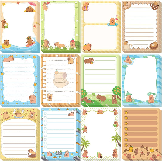 12 Pack Capybara Sticky Notes Gifts Cute Sticky Notes 3x4 Funny Gifts for Capybara Lovers Cartoon Notepads Animals Memo for Women Men Office Supplies Home Christmas Favors
