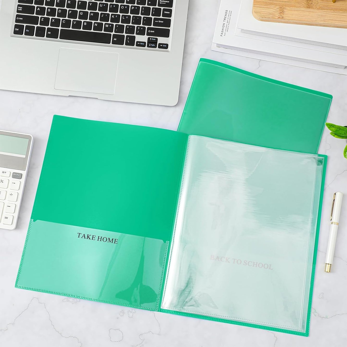 Henoyso 24 Pcs School and Home 2 Pocket Folders with 4 Clear Inner Pockets Plastic Heavy Duty Homework Folders Parent Teacher Communication for Student Home Office Classroom,11 x 9 Inch (Green)