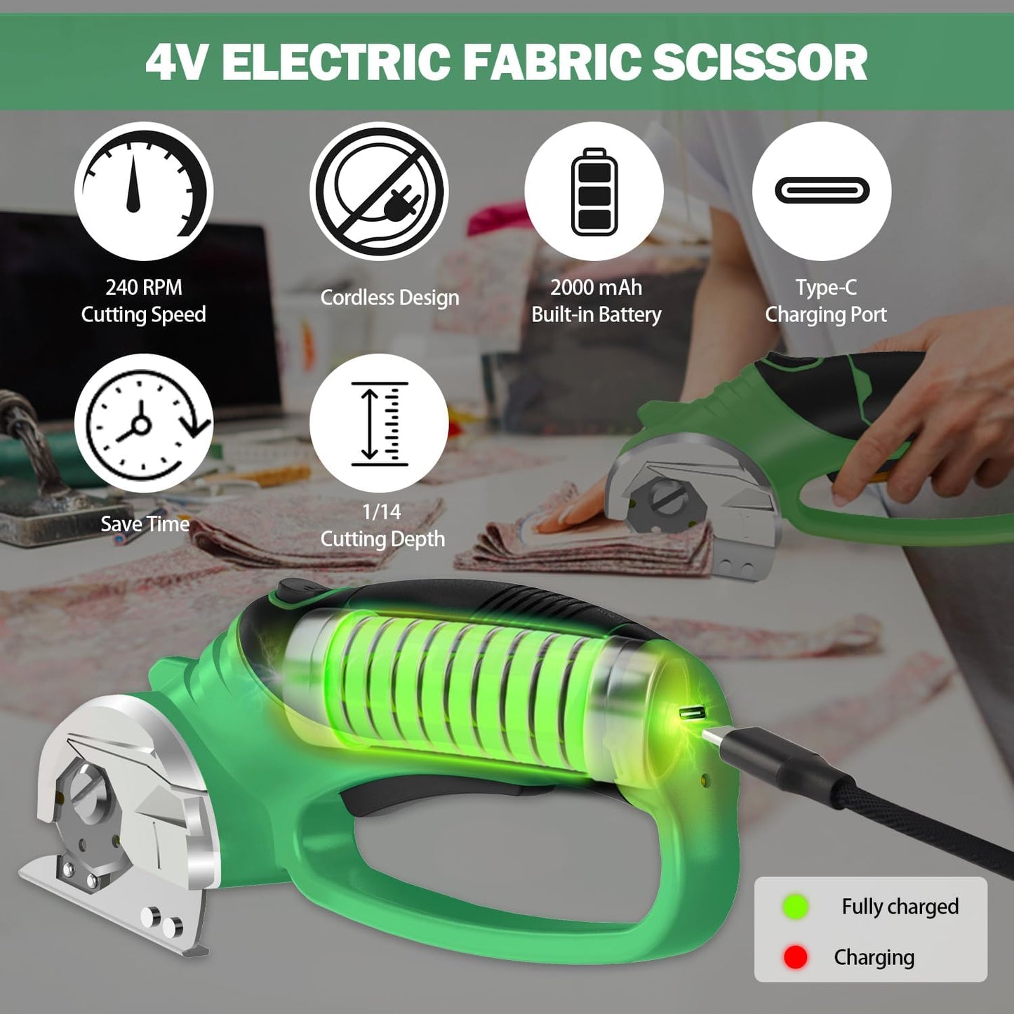 Cordless Electric Scissors, 4V Box Cutter & Cardboard Cutter with Upgrade Blade, LED Light, Safety Lock - Rechargeable Rotary Cutter for Fabric, Leather, Plastic, Sewing, Industrial (Lime Green)