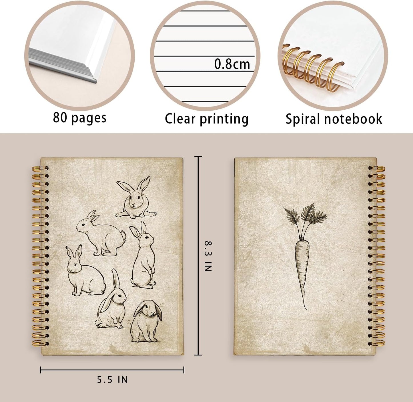 Retro Carrot Rabbits Notebook, Bunny Gifts for Women Notebooks for Note Taking, Gifts for Rabbit Bunny Lovers Journal, Vintage Bunnies Journals for Writing, 5.5x8.3 Inch