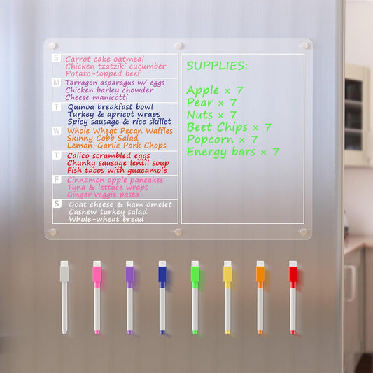 Acrylic Magnetic Dry Erase Board for Fridge, Clear Whiteboard for Refrigerator, Notepad Memo to Do/Grocery List White Board, w/ 8 Colors Markers, 15 x 11