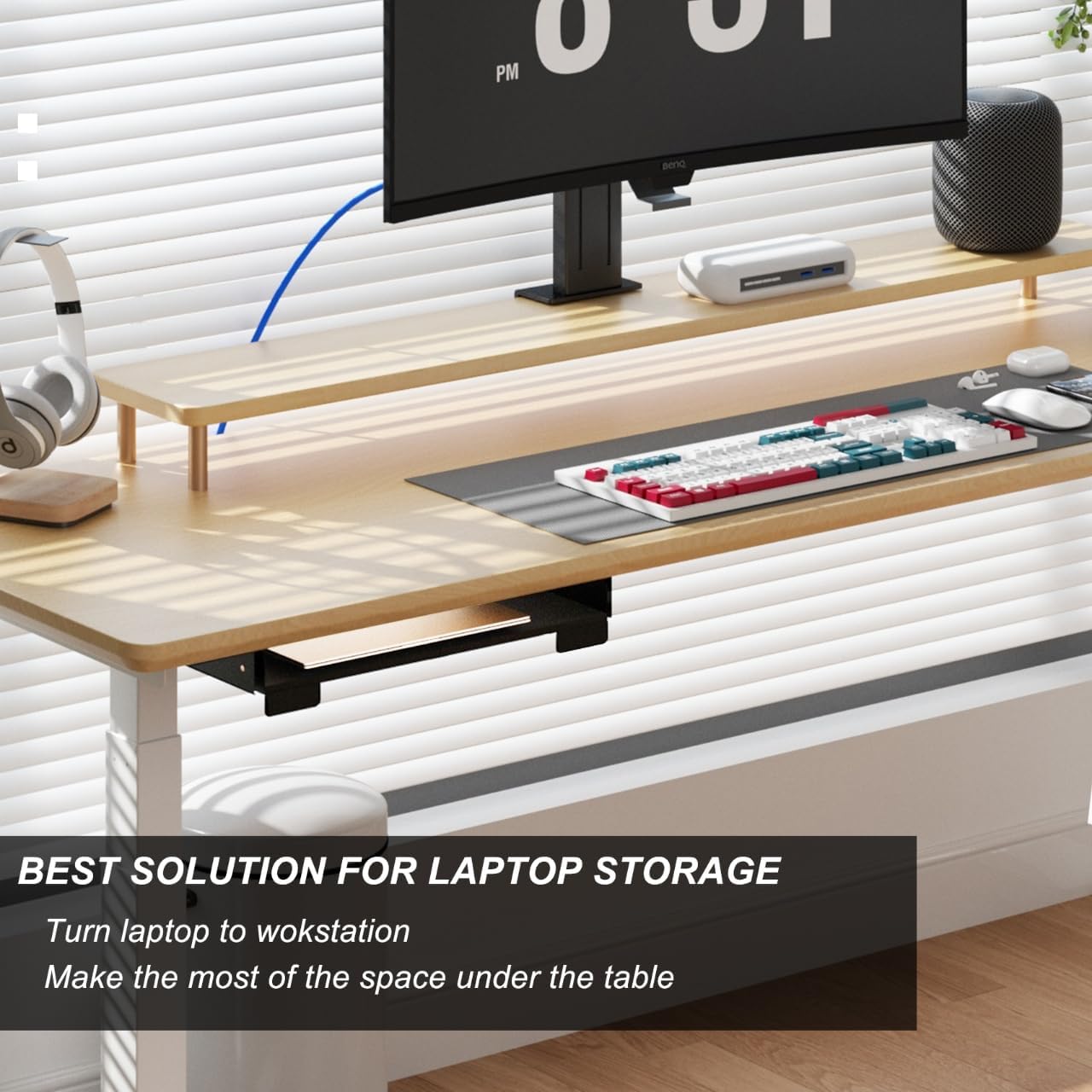 20 Inch Under Desk Mounted Sliding Loptop Drawer, Desktop Extension Pull-Out Laptop Tray for Office Desk, Extra Storage Organizer for Sit Stand Workstation