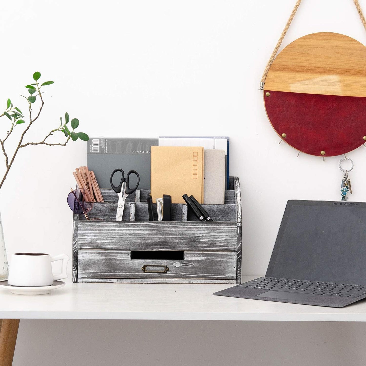 canwedance Distressed Rustic Wooden Office Desk Organizer 5 Compartment with 2 Drawer &Counter Desk Tabletop Desktop Mail Rack, Pens, Notebooks, Folders, Pencils and Office Supplies (grey)