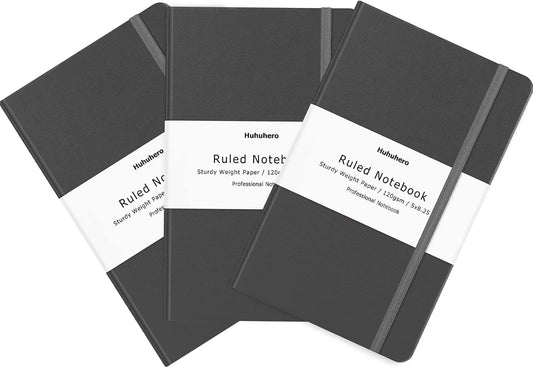 Huhuhero Notebook Journal, Lined Ruled Journal, Hardcover 120Gsm Premium Thick Paper with Faux Leather Notebook for Journaling Writing Note Taking Office School Supplies 5.25"×8.25" (3, Dark Grey)