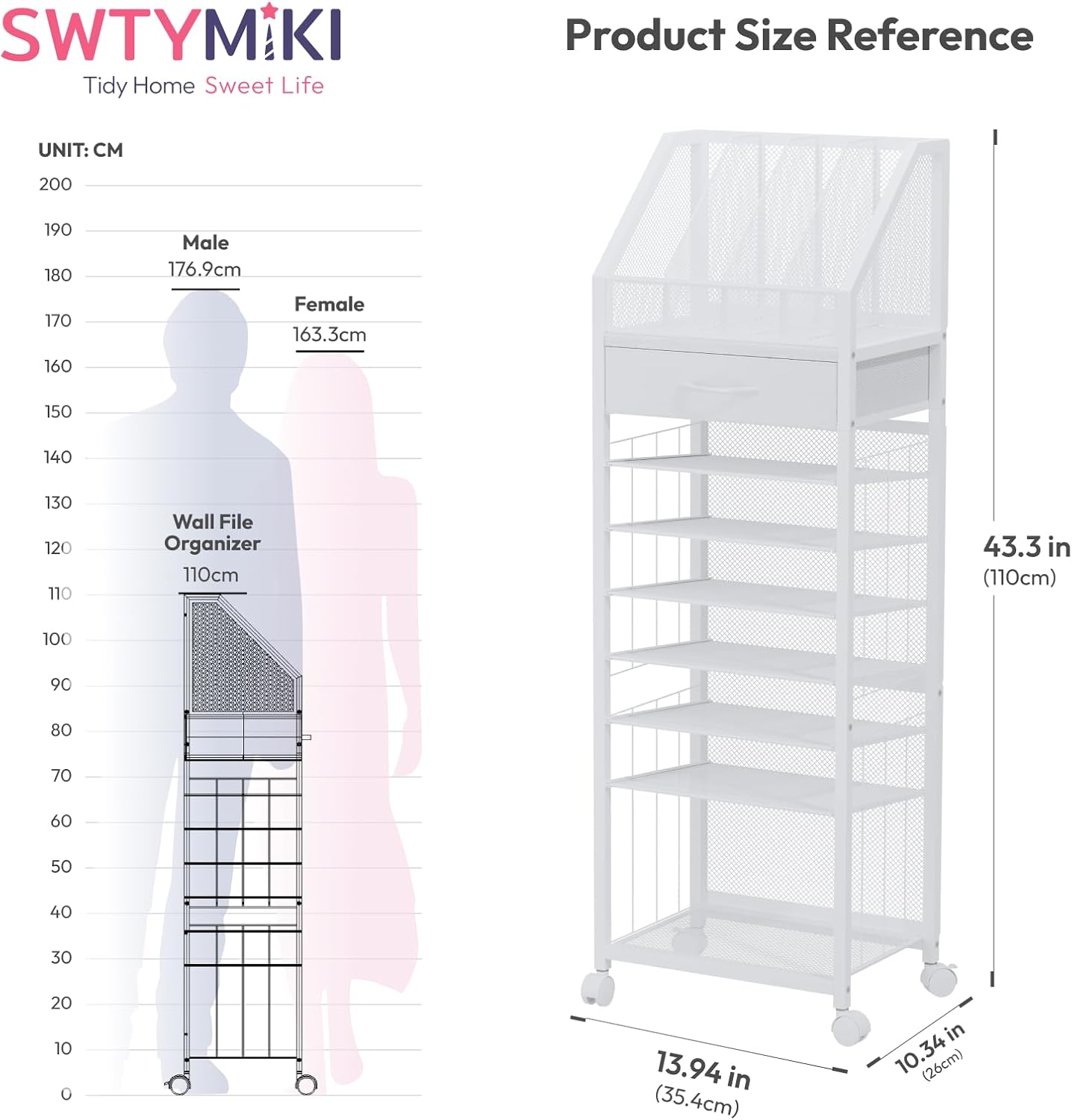 SWTYMIKI 9-Tier Rolling File Cart - Paper Organizer with Drawer and Trays, Wood Desk Office Organizer, Office Organization and Binder Storage for Workspace, Home, School, White