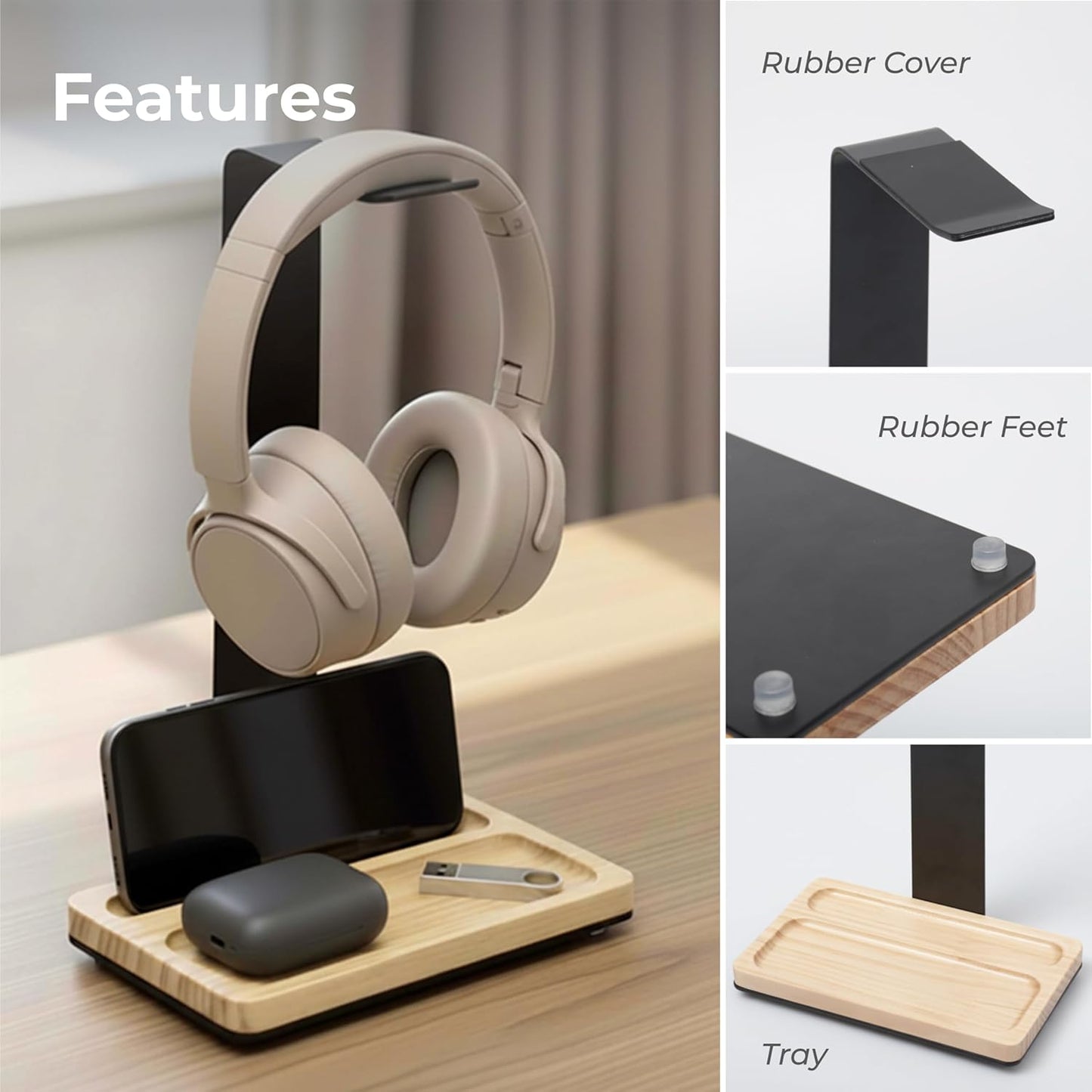 Wooden Headphone Stand with Storage Tray – Rubberwood & Metal Headset Holder with Anti-Slip Base, Scandinavian Desk Headphone Stand for Organizing Headphones, Phone, Keys & Accessories