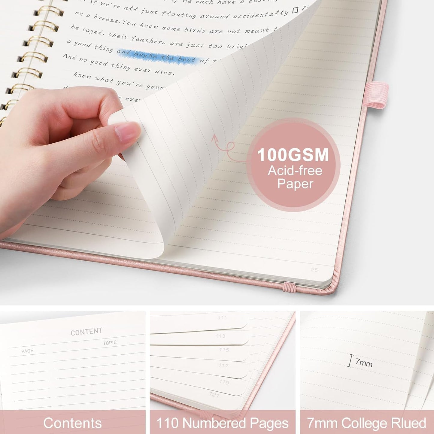 AHGXG Lined Spiral Notebook 8.5" x 11", A4 Large Notebooks for Women Men, Hardcover Leather Notebook College Ruled, 100 GSM Thick Paper, Notebooks for Work School Note Taking Writing, Rose Gold