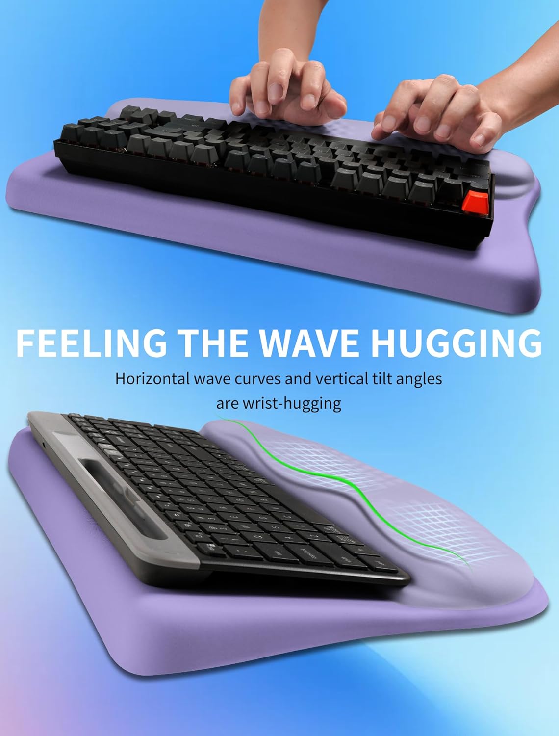 Ergonomic Wave Wrist Rest with Keyboard Stand, Cushioned Palm Rest, Comfortable Integrated Memory Foam for Natural Typing and Relieve Wrist Pain, Purple Romance