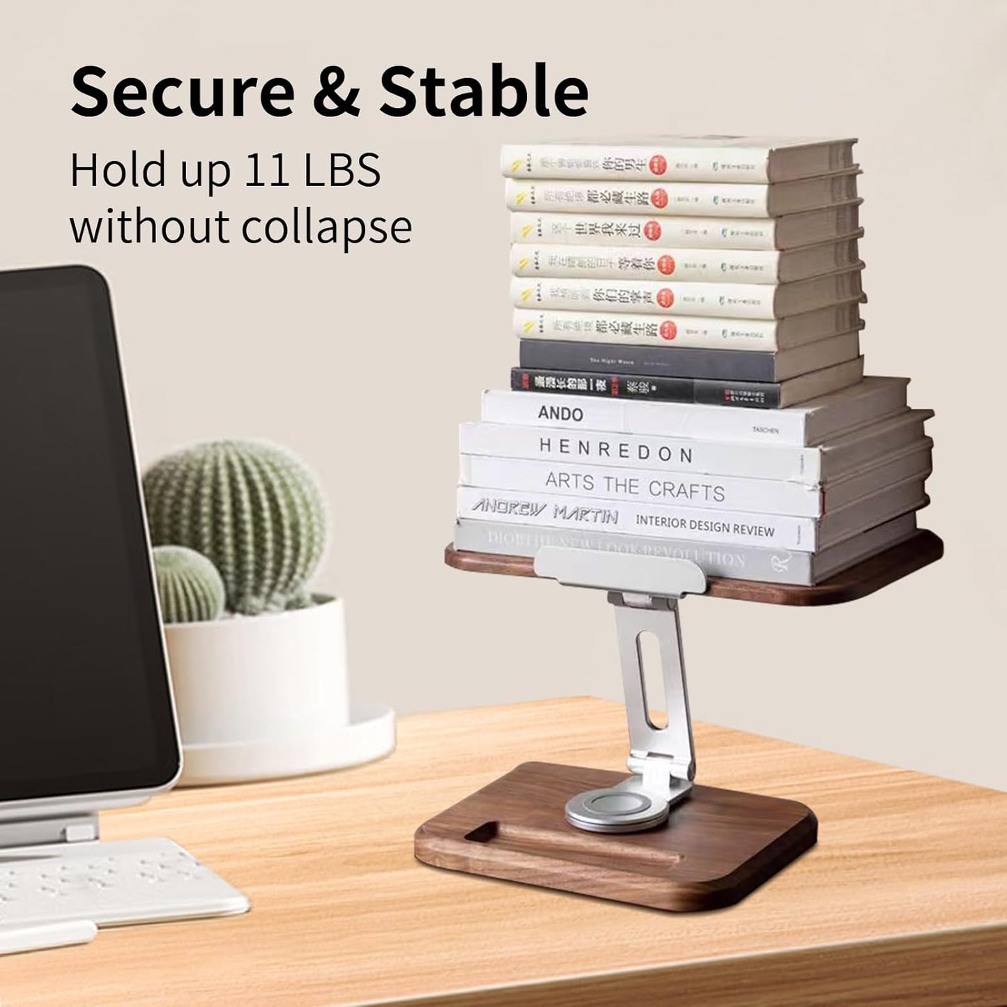 Book Stand for Reading, Mayhas Adjustable Book Holder with 360° Swivel Base&Page Clips, Foldable Desktop Stand for Cookbook, Fits All Books (Walnut, Wood Base)