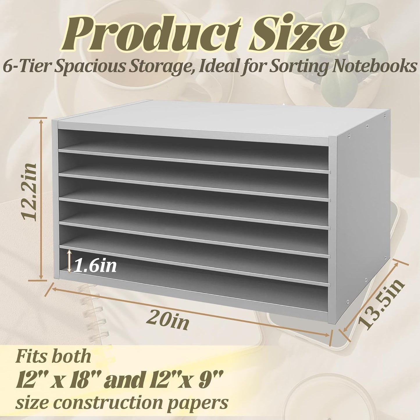 PROLEE Construction Paper Organizer 20" x 13.5" x12.2",Soild Wooden Paper Organizer with 6-Tier Letter Trays, Desktop File Papers Sorter for Home, Classroom and Office (Gray)