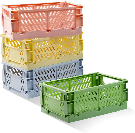 Xhwykzz 4 Pack Pastel Crates for Storage, Plastic Folding Basket, Colorful Small Storage Containers for Bedroom Office Classroom Bathroom Desktop Drawer Organizer Decor (9.8x6.5x3.8inch)