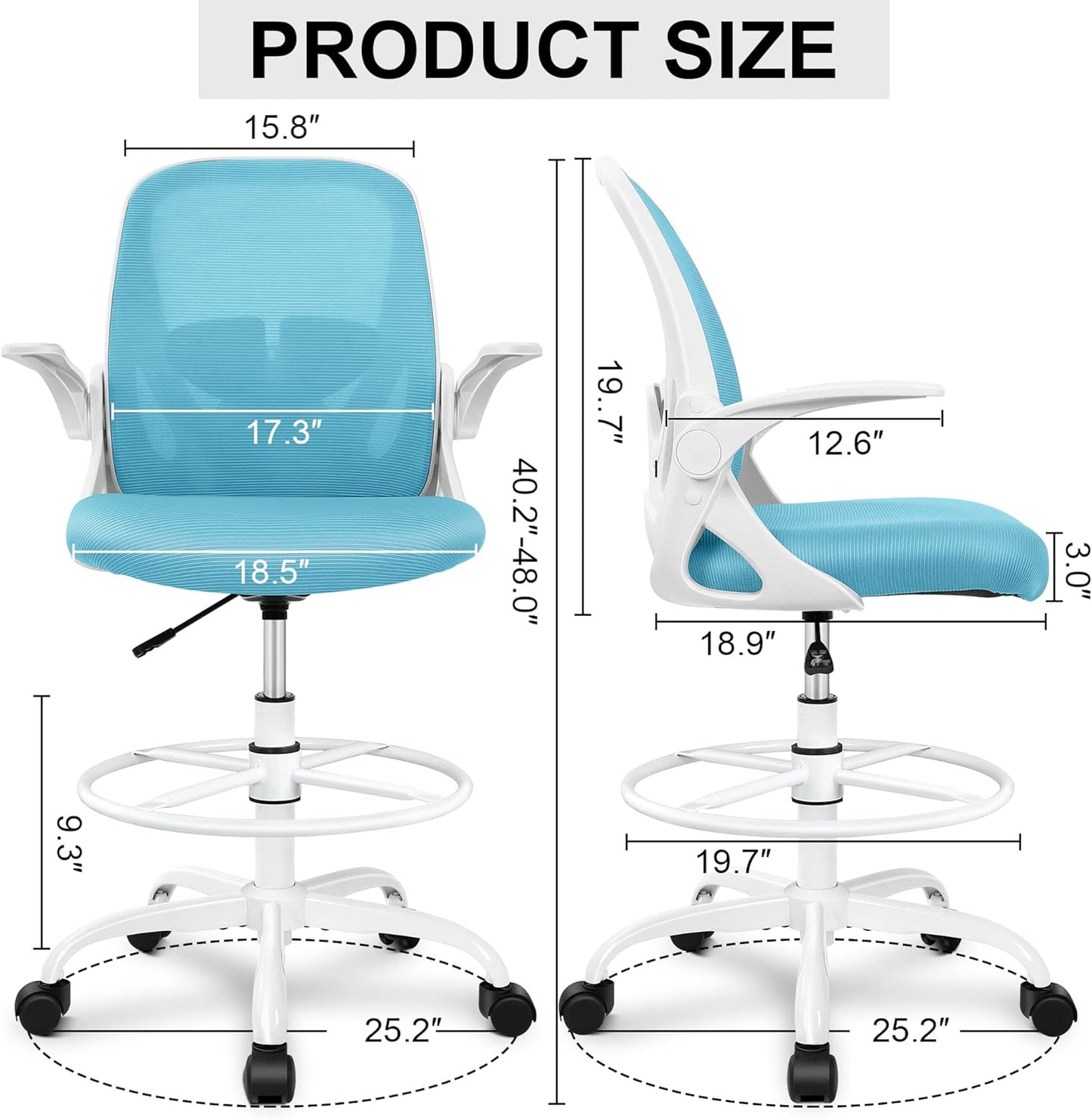 Primy Drafting Chair Tall Office Chair with Flip-up Armrests Executive Ergonomic Computer Standing Desk Chair with Lumbar Support and Adjustable Footrest Ring（Blue）