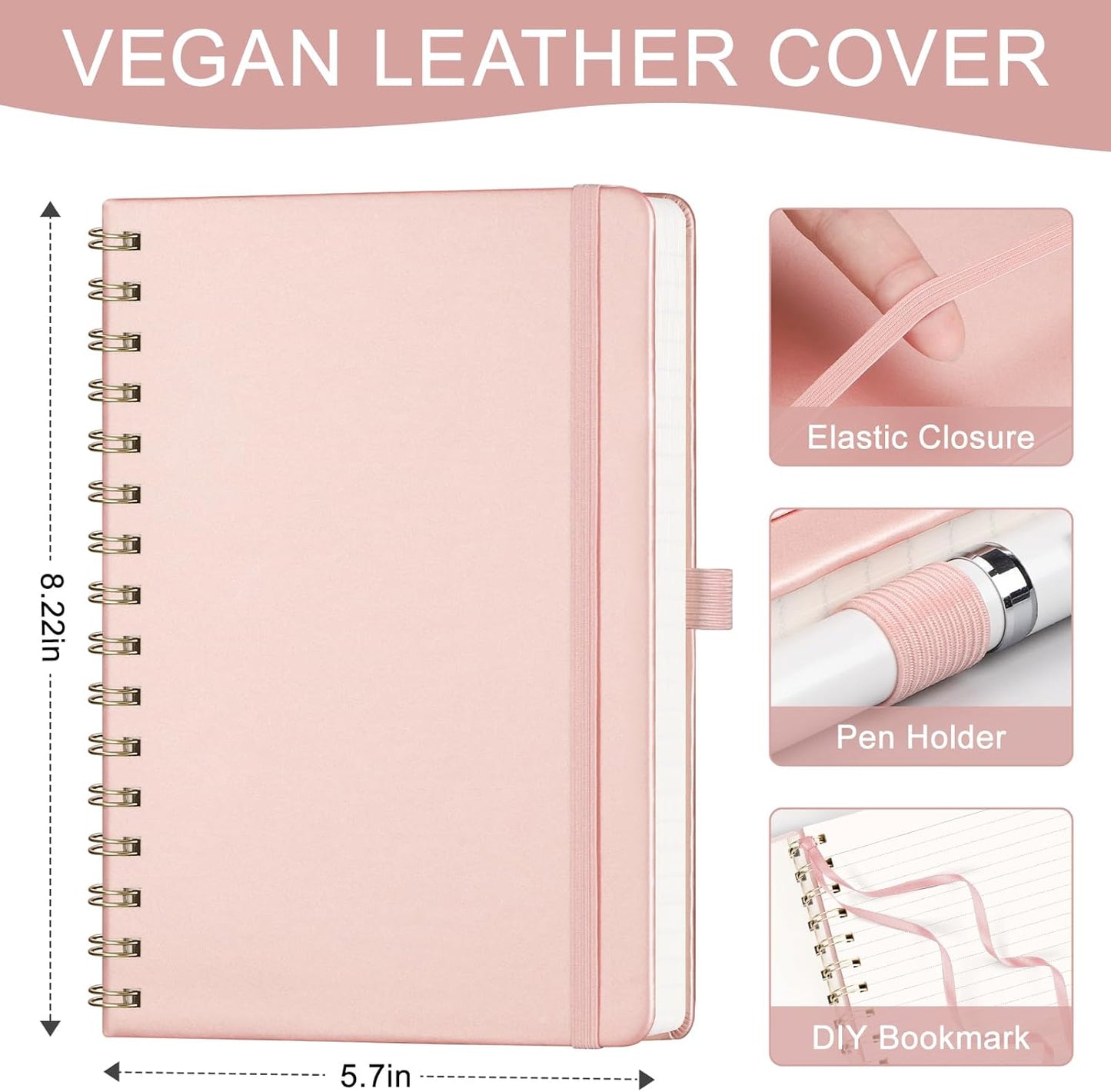 AHGXG Lined Spiral Notebook Journal for Women, 140 Pages Hardcover Leather Notebook College Ruled, A5 5.7" x 8.3", 100 GSM Thick Paper, Notebooks for School Work, Journals for Writing, Rose Gold