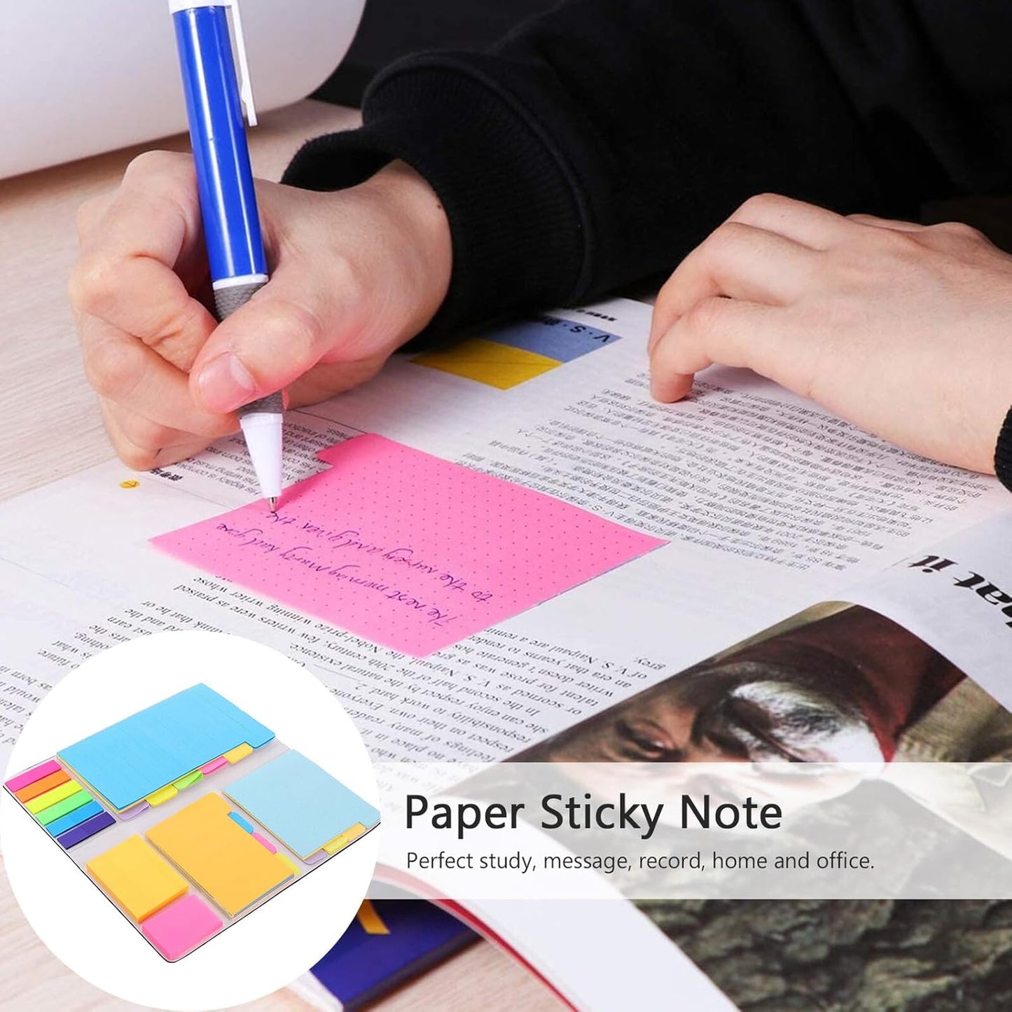 Combination Note Pad with Index Tabs Premium Paper Sticky Memo Pads for Office Study Home Organization Removable Planner Stickers for Prioritizing and Page Marking Black Cover