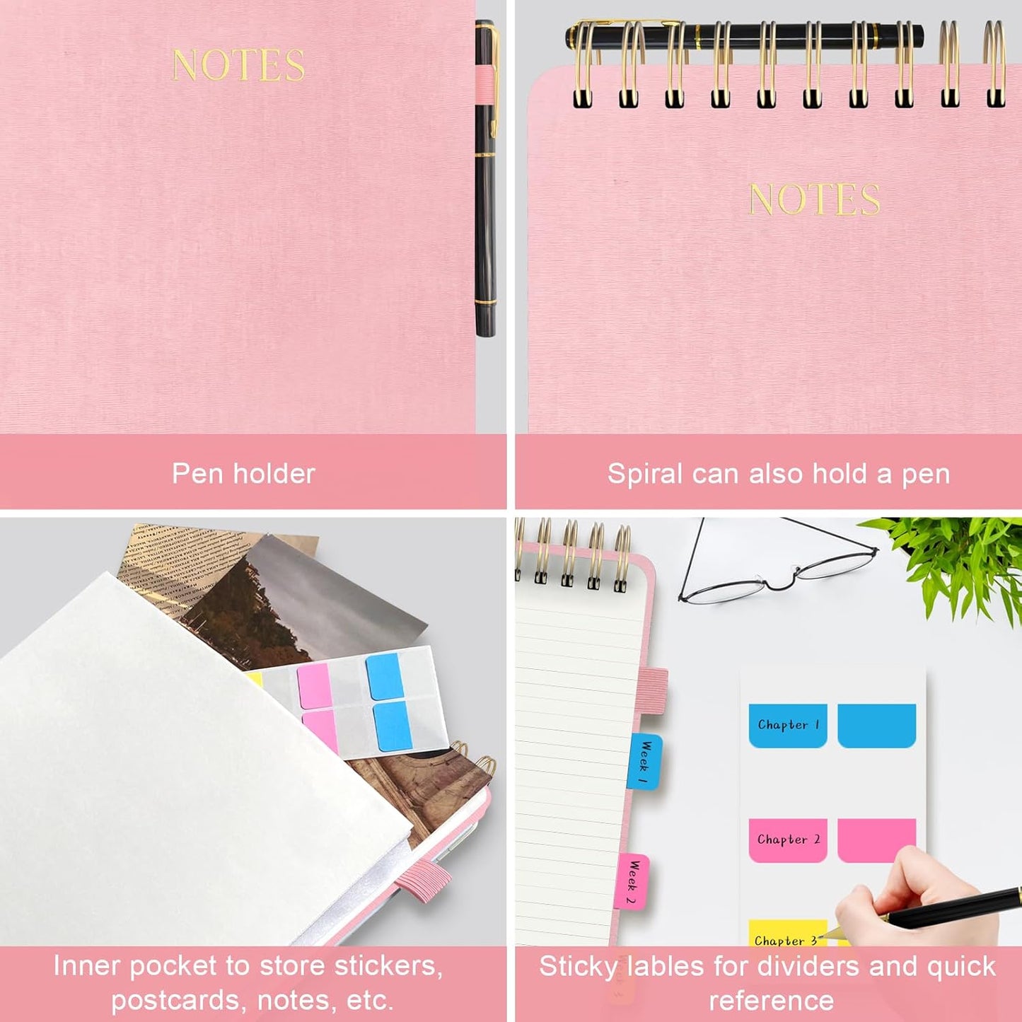 Aesthetic Top Spiral Notebook, A5 Linen Hardcover Top Bound Steno Pads, 240 Pages 100gsm Thick Lined Paper Left Handed Notebook Journal for Work, School, Church Writing - Pink, 5.9" x 8.5"