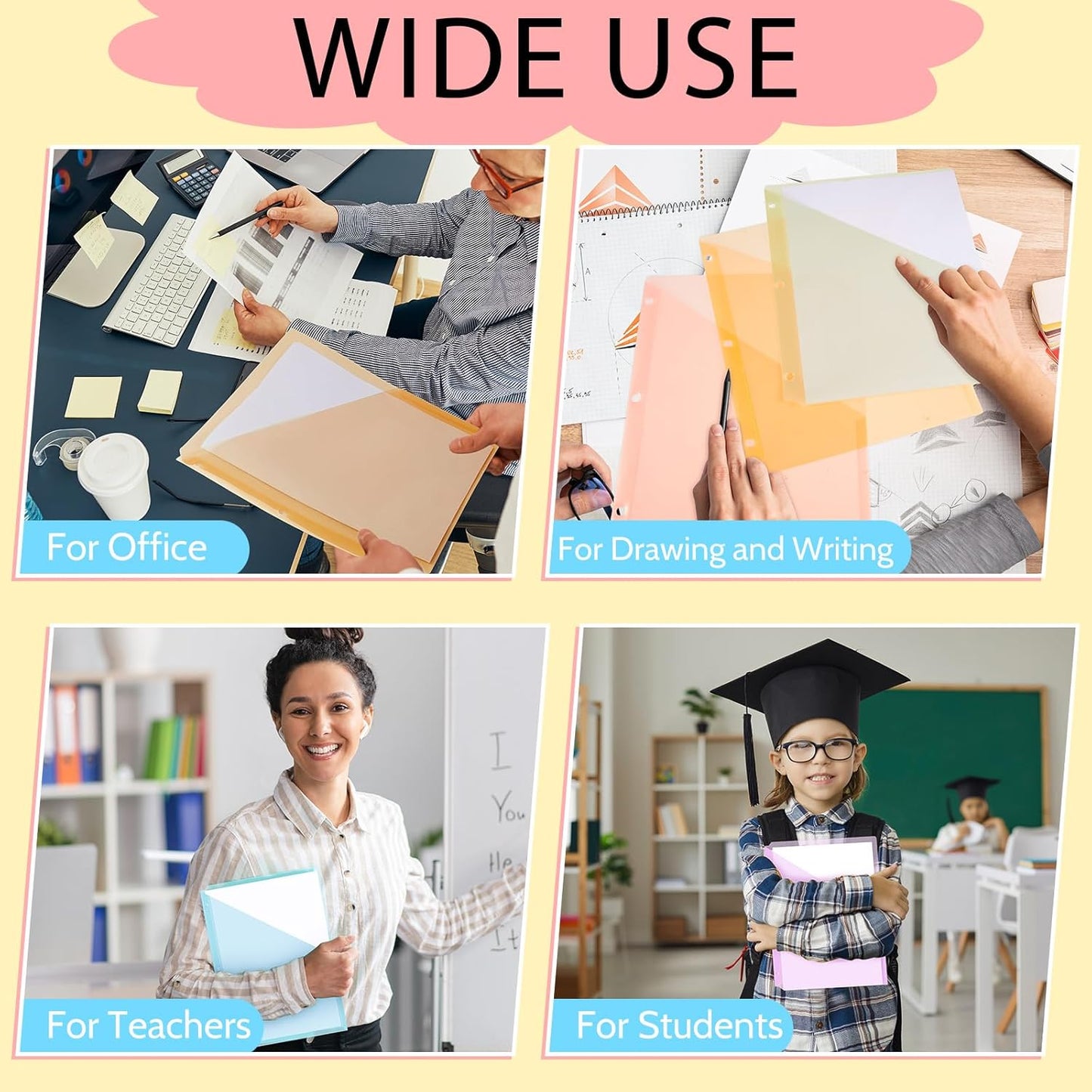 Maitys 50 Pack Binder Pockets 3 Hole Punch Clear Plastic Document Folders Binder Organizer Store Letter Size 8.5x11 Inch Paper Folders with Pockets Slash File Jacket for Office (Pastel Colors)