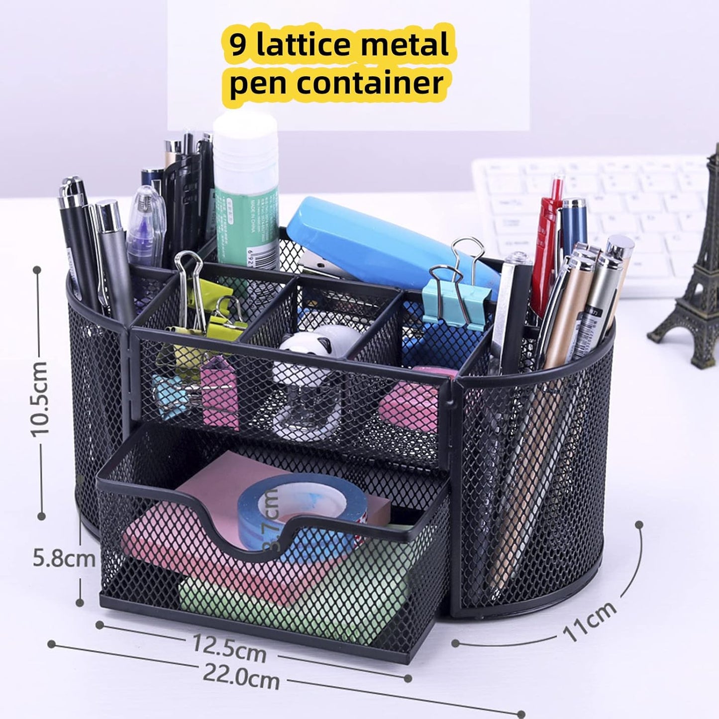 Desk Organizer Mesh Desktop Office Supplies Multi-functional Caddy Pen Holder Stationery with 8 Compartments and 1 Drawer for Office, Home, School, Classroom (Black)
