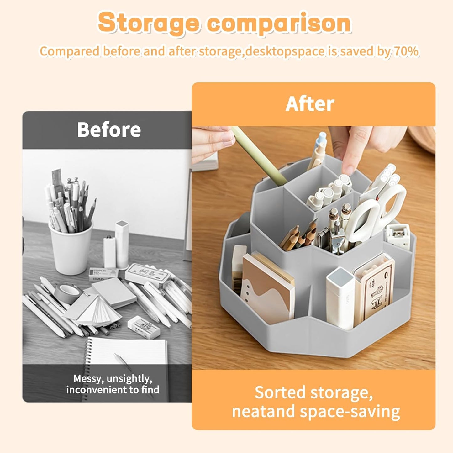 Pencil Pen Holder for Desk,9 Slots 360 Degree Rotating Desk Organizers,Desktop Storage Stationery Supplies Organizer, Cute Pencil Cup Pot For Office, School, Home(Grey)