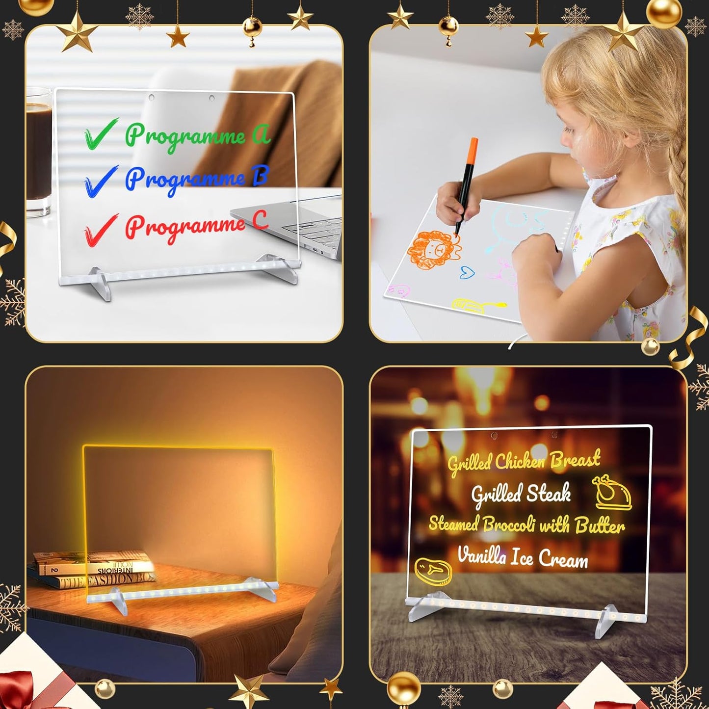 LED Note Board with Colors, 13.7"X10" 6 Modes & 8 Colors Acrylic Dry Erase Boards with Light, Include Adapter, Hanging Chain, Led Drawing Board for Kids with Stand,7 Markers, Spray Bottle