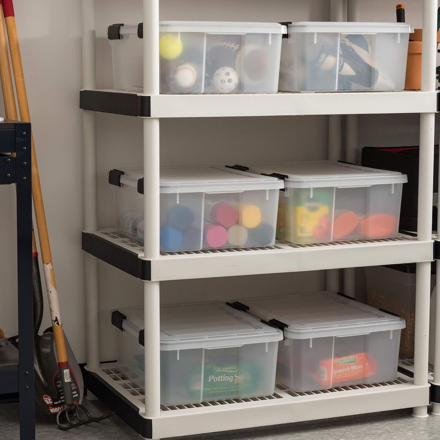 IRIS USA 30.6 Quart WEATHERPRO Plastic Storage Box with Durable Lid and Seal and Secure Latching Buckles, 6 Pack, Weathertight, Keep Pest Dust and Moisture Out, for Oversized Bulky Items, Clear/Black