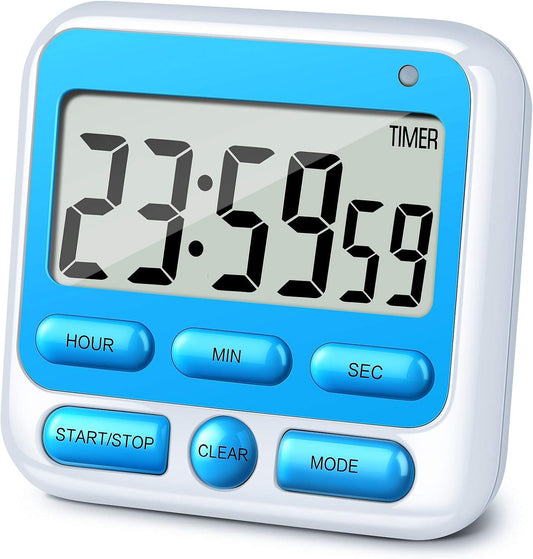 KTKUDY Digital Kitchen Timer with Mute/Loud Alarm Switch ON/Off Switch, 12-Hour Clock & Alarm, Memory Function Count Up & Count Down for Kids Teachers Cooking, Large LCD Display, Strong Magnet (Blue)