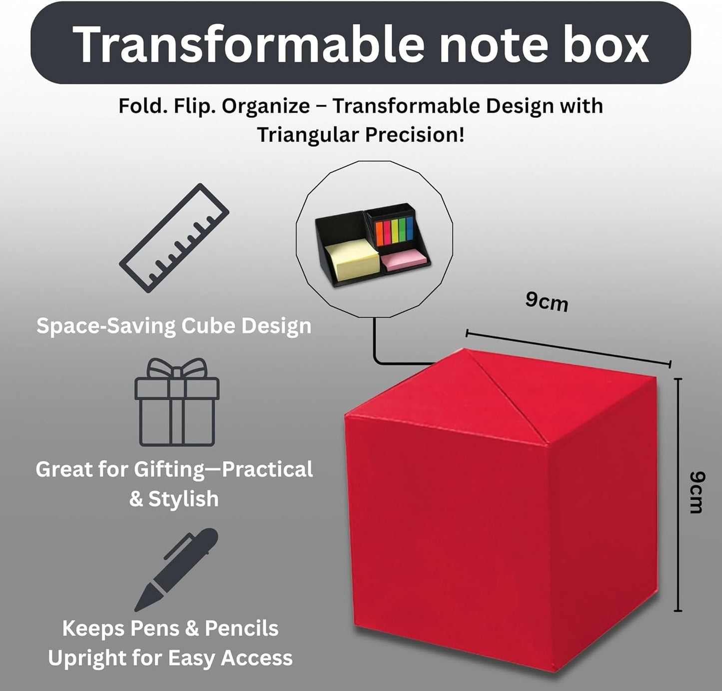 Sticky Notes Organizer Cube with Pen Holder, 3-in-1 Cardboard Memo Pad Set with 300 Yellow Notes, 50 Pink Pads & 125 Translucent Tabs, Portable Desk Organizer for Home, School, and Office Desk (Black)