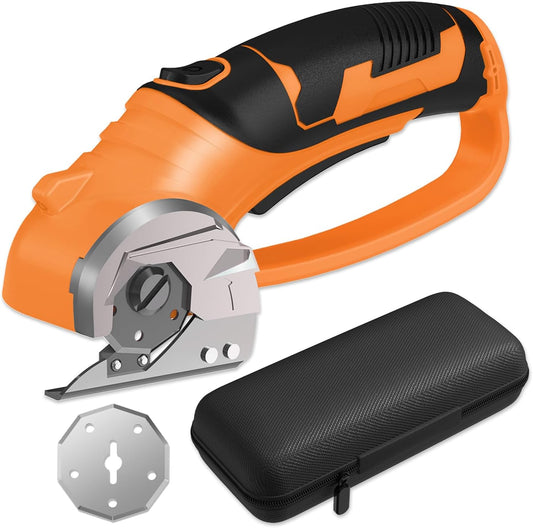 Cordless Electric Scissors, 4V Box Cutter & Cardboard Cutter with 2 Titanium Blades - Rotary Cutter with LED Light for Fabric, Leather, Carpet, Plastic, Crafting + Storage Case (Orange)