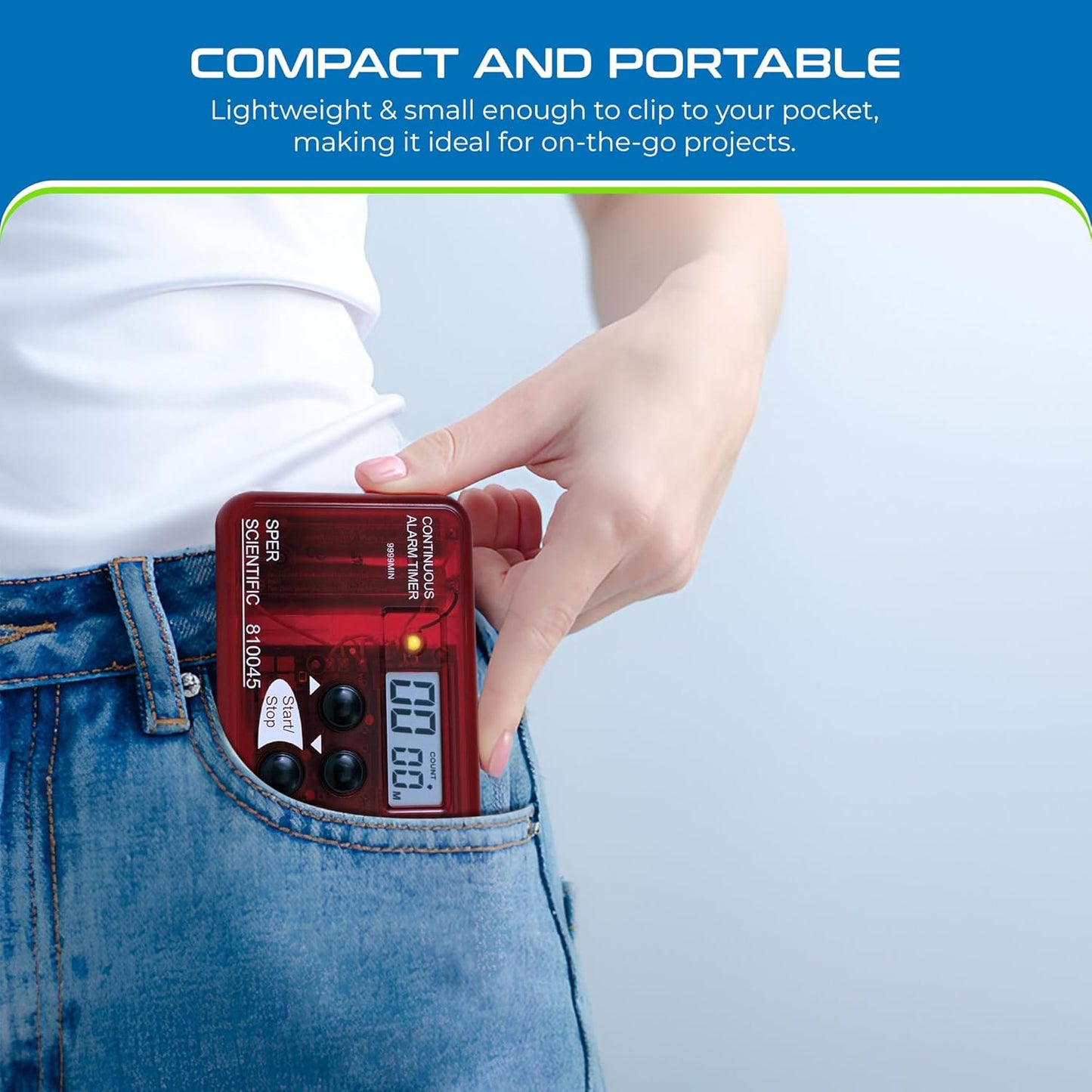 Sper Scientific Continuous Alarm Timer with Count Up Count Down & Visual Indicator 810045 - Bright LED Alarm & 9999-Minute Range - Portable Design for Cooking, Experiments, Fitness & More