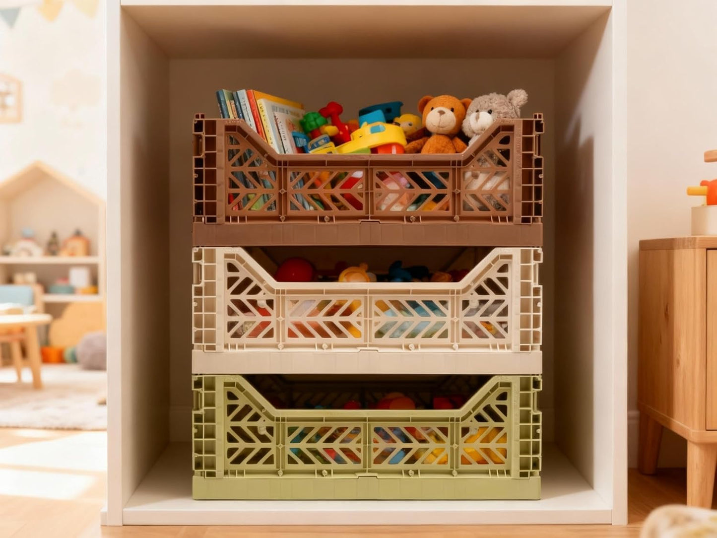 Collapsible Storage Box, Foldable Crate Organizer Bin with Handle, Stackable Crates for Home Organization (WarmTaupe-Lime-Coconut, 14L - 3 Pack)