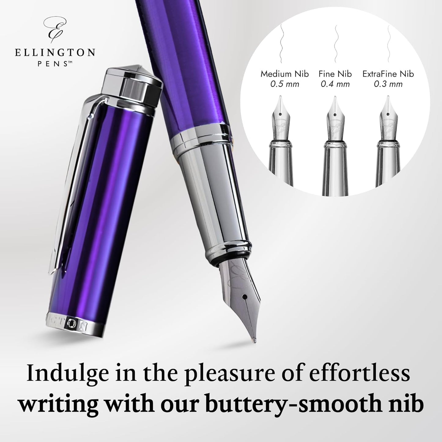 Ellington Pens Luxury Fountain Pen Set - Smooth Fine Nib - Includes 3 Ink Cartridges, Refillable Ink Converter, Gift Box - Fountain Pens For Writing, Calligraphy, Journaling, Sketching (Purple Haze)