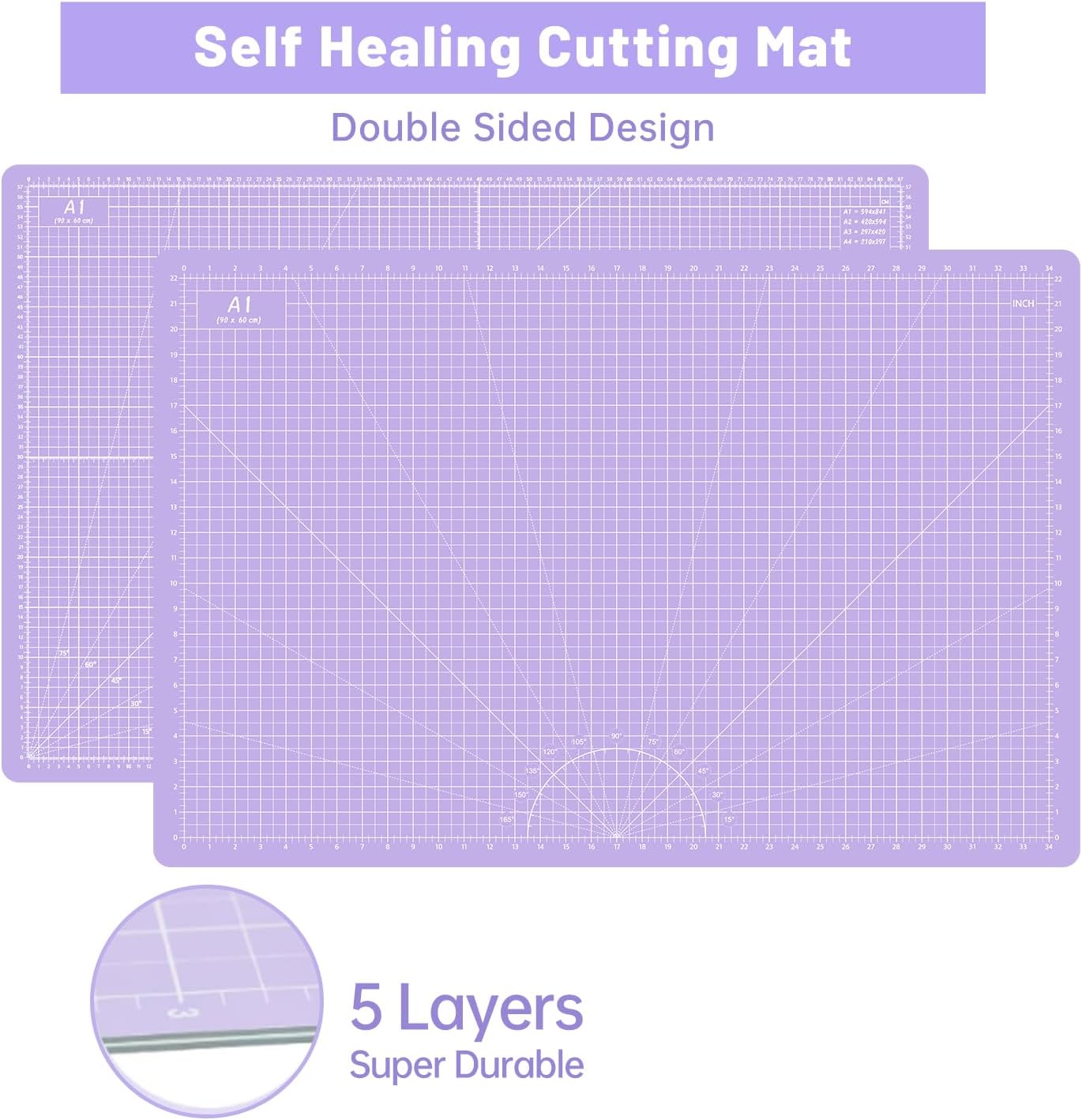 Headley Tools Rotary Cutter Set - 45mm Fabric Cutter, 5 Extra Rotary Blades, A1 Cutting Mat, Quilting Ruler and Sewing Clips, Craft Knife Set, Ideal for Crafting, Sewing, Patchworking, Purple