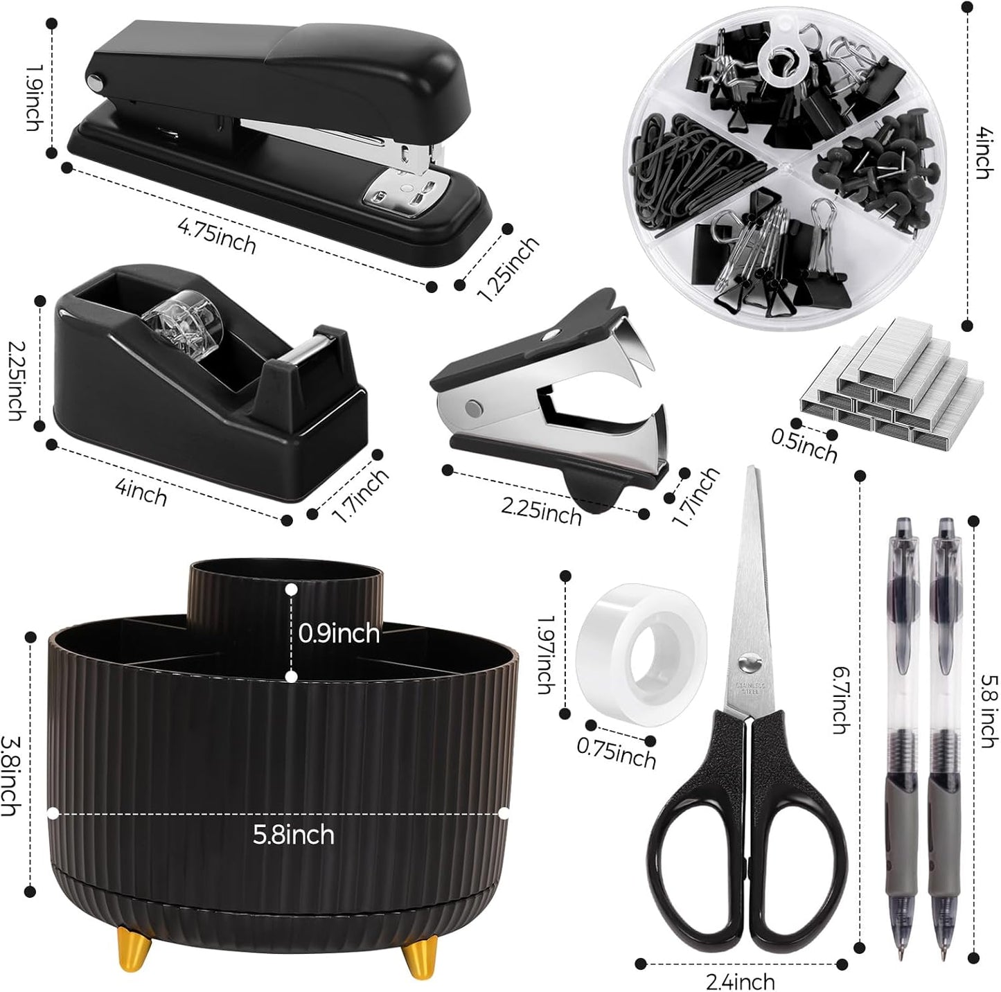 SKYDUE Black Office Supplies, Black Office Desk Accessories 10PCS, Pencil Holder for Desk, Stapler, Tape Dispenser, Scissors, Ruler, Clips and 1000pcs Staples, Desk Supplies Set