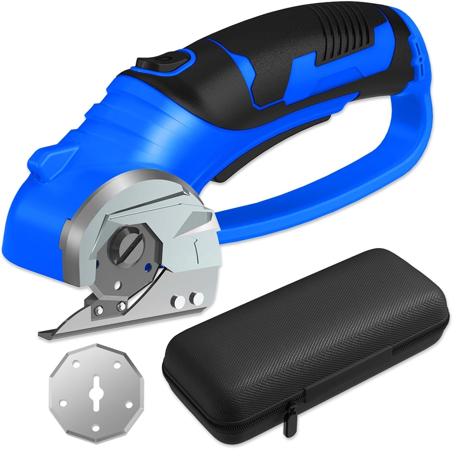 Cordless Electric Scissors, 4V Box Cutter & Cardboard Cutter with 2 Titanium Blades - Rotary Cutter with LED Light for Fabric, Leather, Carpet, Plastic, Crafting + Storage Case (Royal Blue)