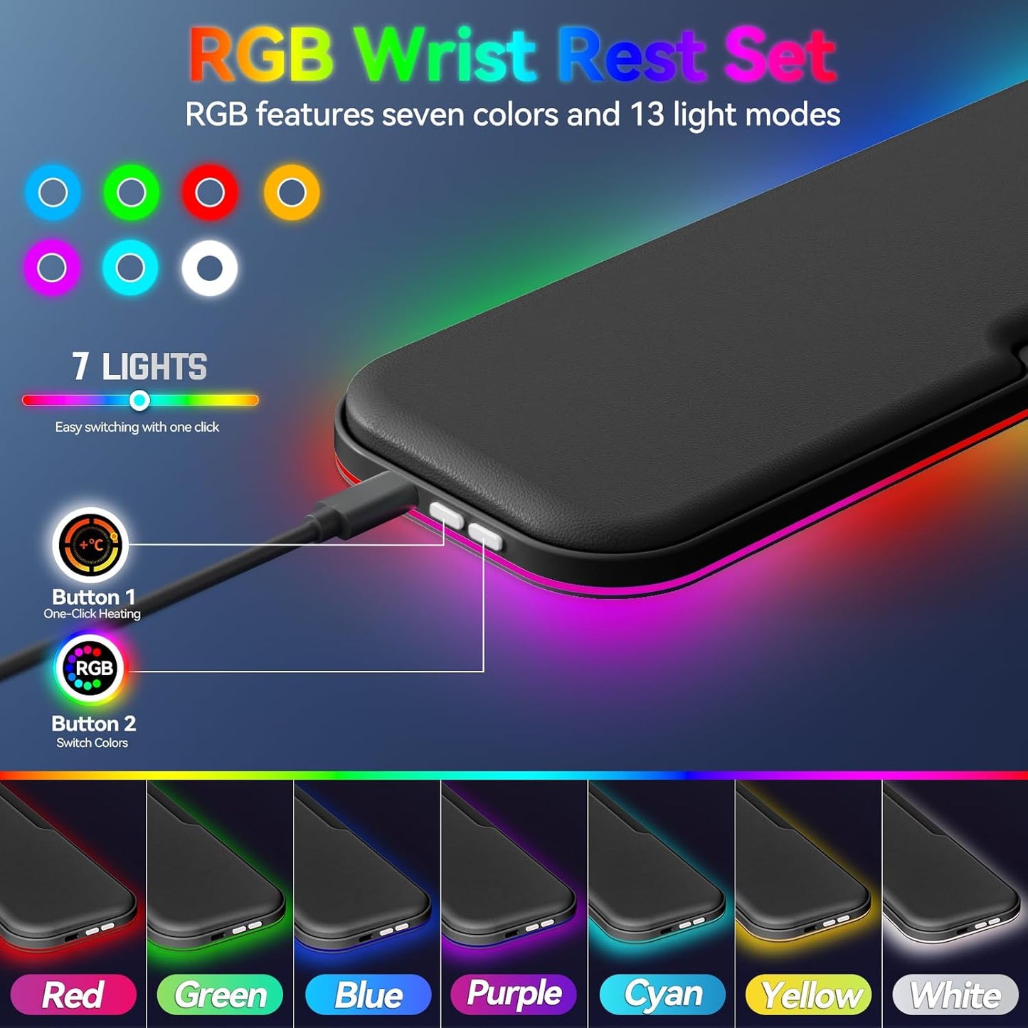 2-in-1 Heated Wrist Rest Set, Ergonomic Memory Wrist Pad with RGB Lights and Non-Slip Base, Keyboard Mouse Wrist Rest for Computer Laptop Office Work and PC Gaming