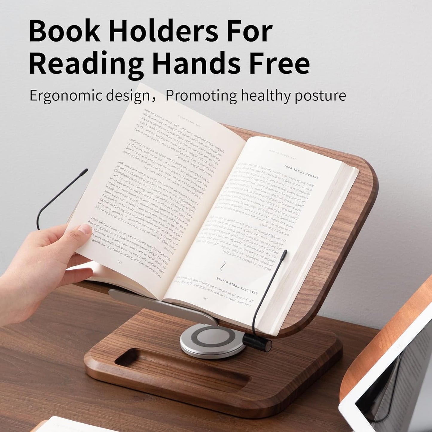 Book Stand for Reading, Mayhas Adjustable Book Holder with 360° Swivel Base&Page Clips, Foldable Desktop Stand for Cookbook, Fits All Books (Walnut, Wood Base)