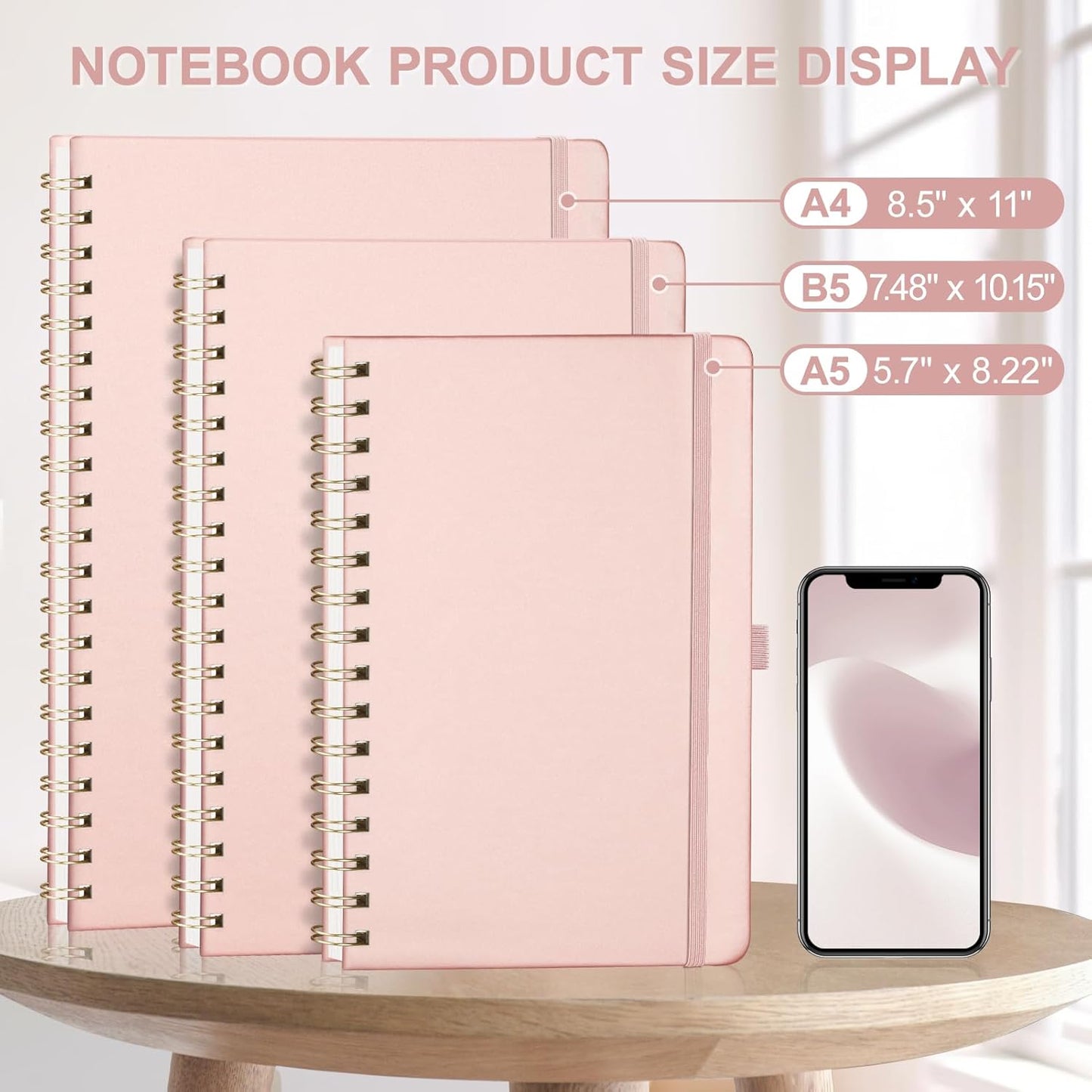AHGXG Lined Spiral Journal Notebook, B5 Large Notebooks for Women Men, 140 Pages Hardcover Leather Notebook College Ruled, 100 GSM Paper, Notebooks for Work School Note Taking, 7.6" x 10", Rose Gold