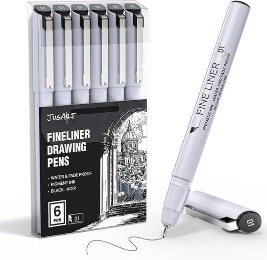 JusArt Fineliner Pens, 6 Pcs, 0.25mm Ultra Fine Point Pens 01, No Bleed, Waterproof Black Pigment Ink Pens for Artists Beginners, Illustration, Writing, Journaling, Crafters, Technical Drawing pens