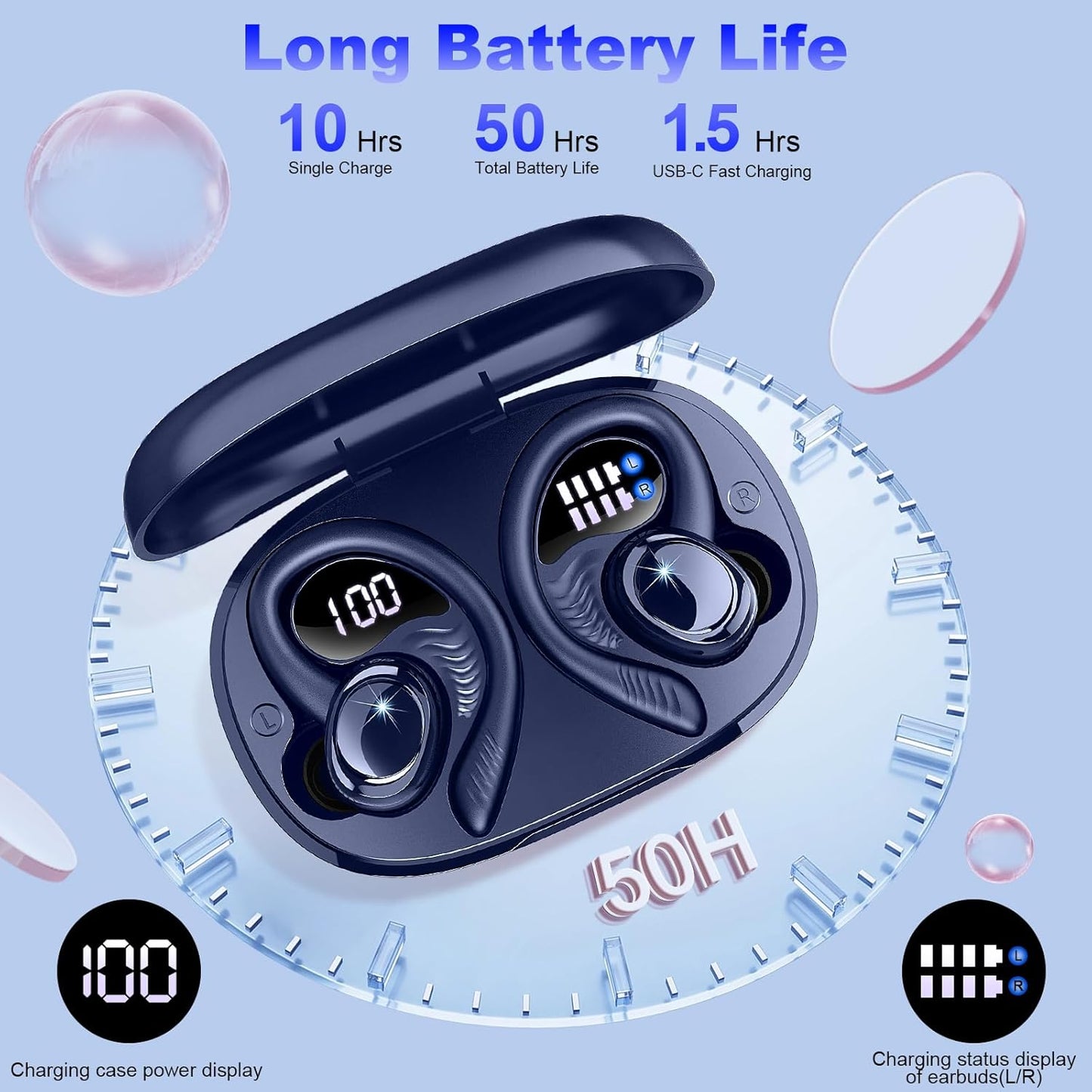 Wireless Earbuds Sport, New Bluetooth 5.4 Headphones with Earhooks, 50H Stereo Deep Bass Over Ear Buds with 4 ENC Noise Canceling Mics, IP7 Waterproof Earphones for Running Workout Gym -Blue