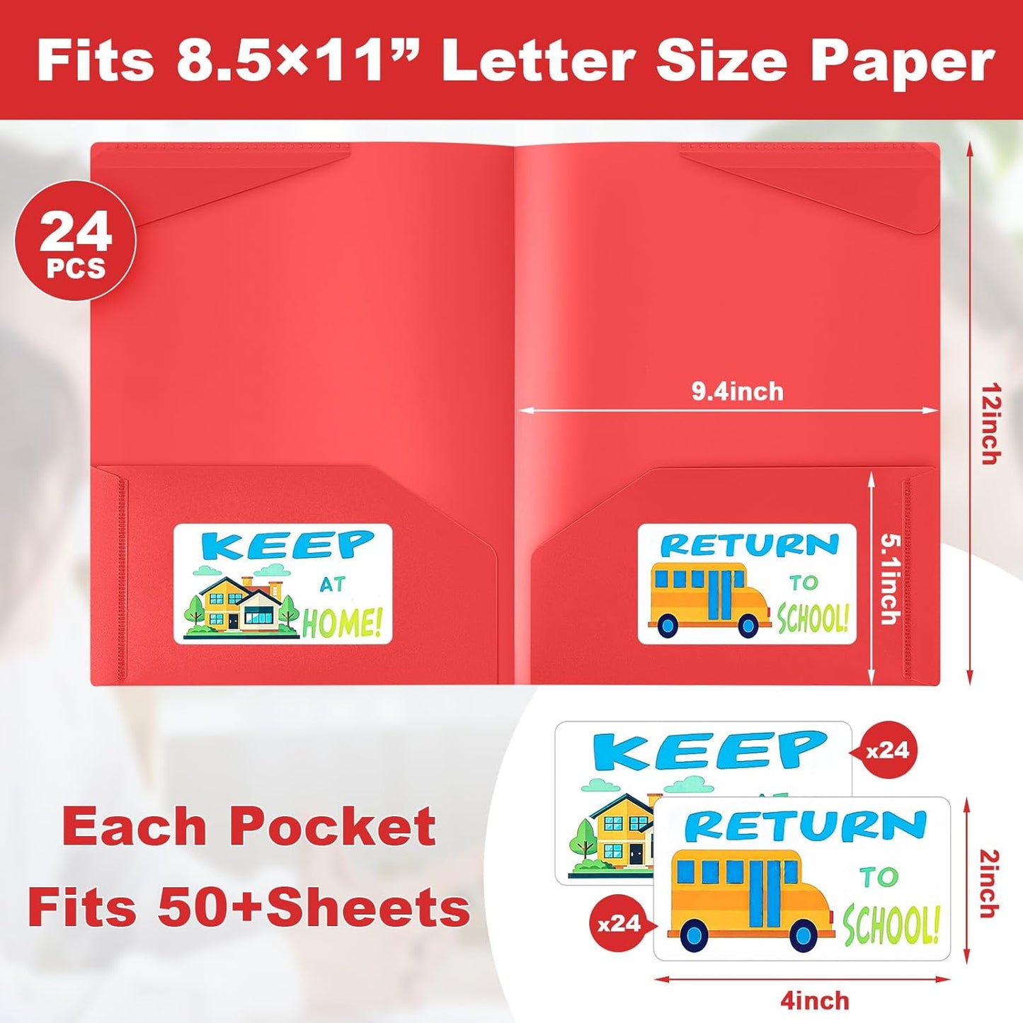 Henoyso 24 Set Parent Teacher Communication Folder with Clear Front Pocket Take Home Heavy Duty 2 Pocket Homework Folder for Student with School and Home Stickers, 12 x 9.45 Inch(Red)