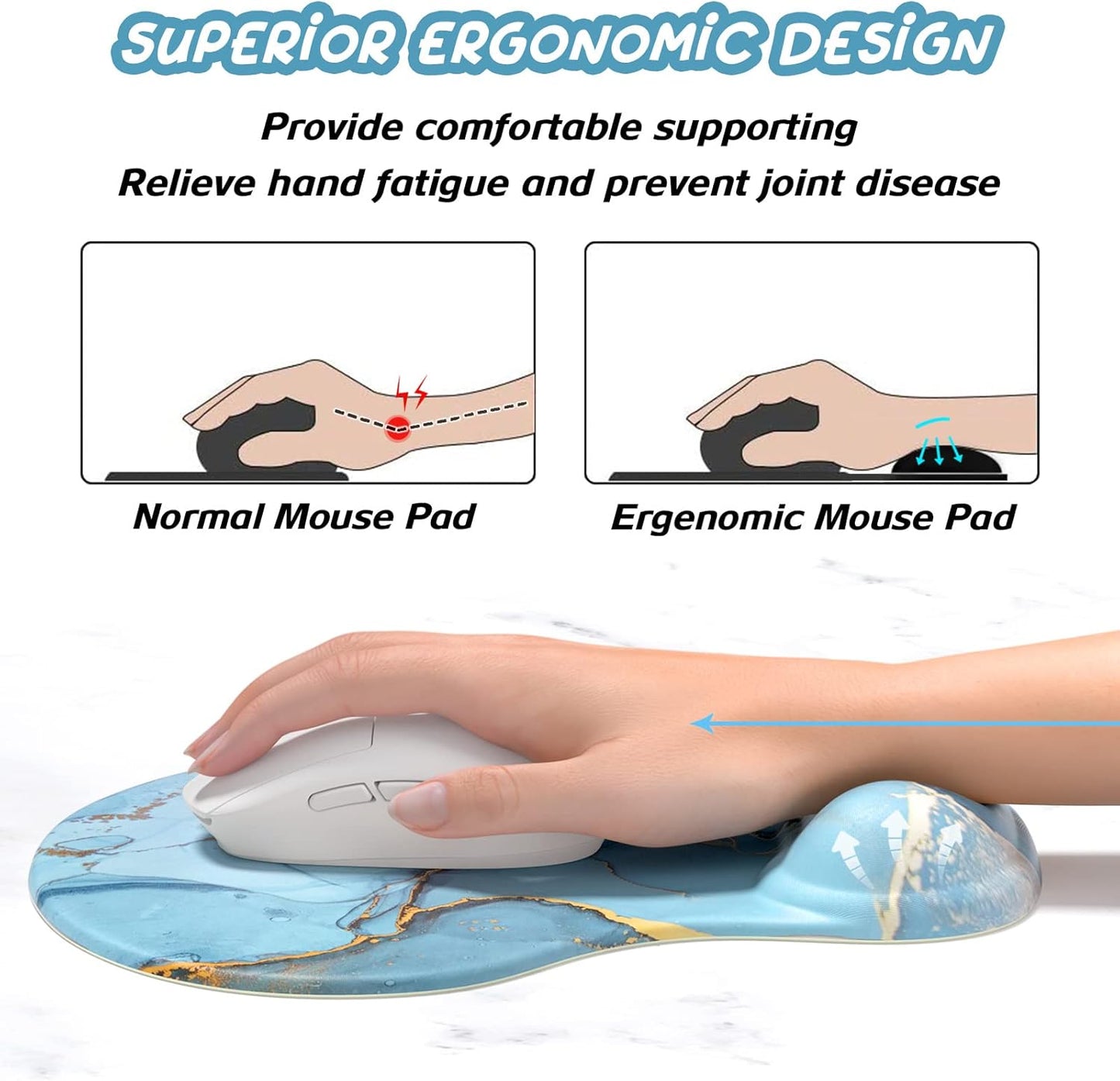 Hsurbtra Ergonomic Mouse Pad with Wrist Rest Support, Gel Mouse Pads with Non-Slip PU Base, Pain Relief Memory Foam Computer Mat, Cute Office Supplies Desk Decro Accessories, Blue Marble