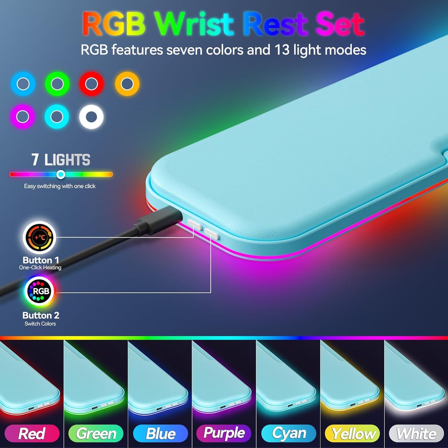 2-in-1 Heated Wrist Rest Set, Ergonomic Memory Wrist Pad with RGB Lights and Non-Slip Base, Keyboard Mouse Wrist Rest for Computer Laptop Office Work and PC Gaming