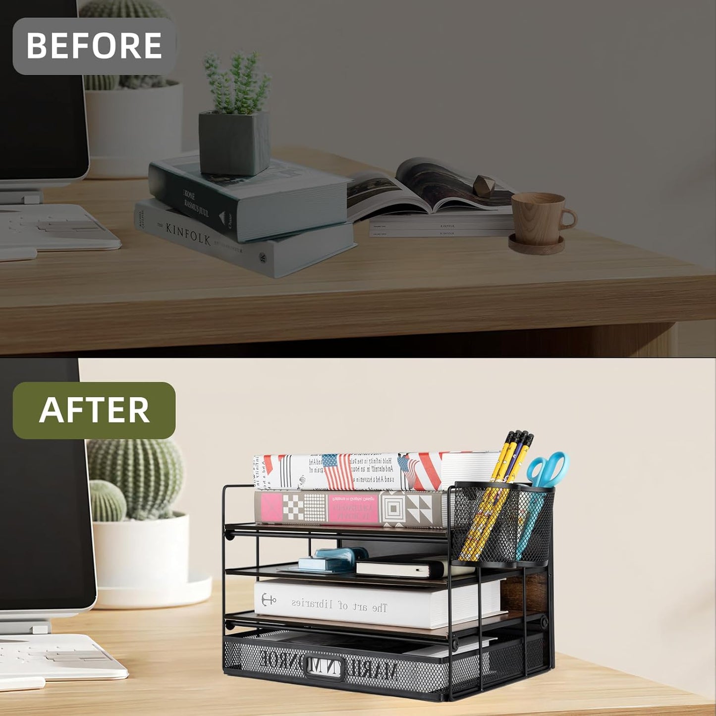 4 Tier Desk Organizers and Accessories, Paper Letter Tray Organizer,Vintage Wood Desk File Organizer with Drawer and 2 Pen Holders for School Home Office Supplies