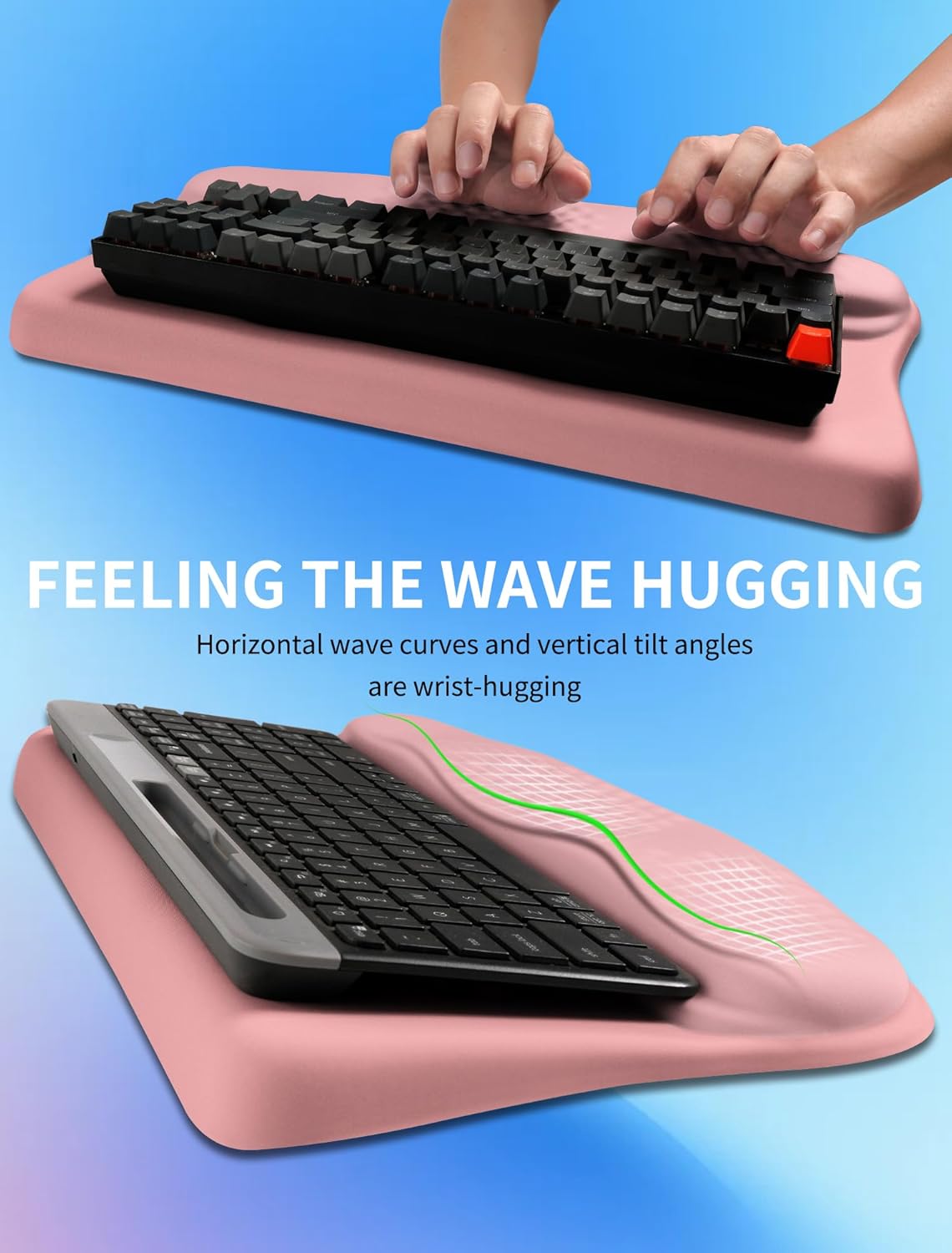 Ergonomic Wave Wrist Rest with Keyboard Stand, Cushioned Palm Rest, Comfortable Integrated Memory Foam for Natural Typing and Relieve Wrist Pain, Pink Serenity