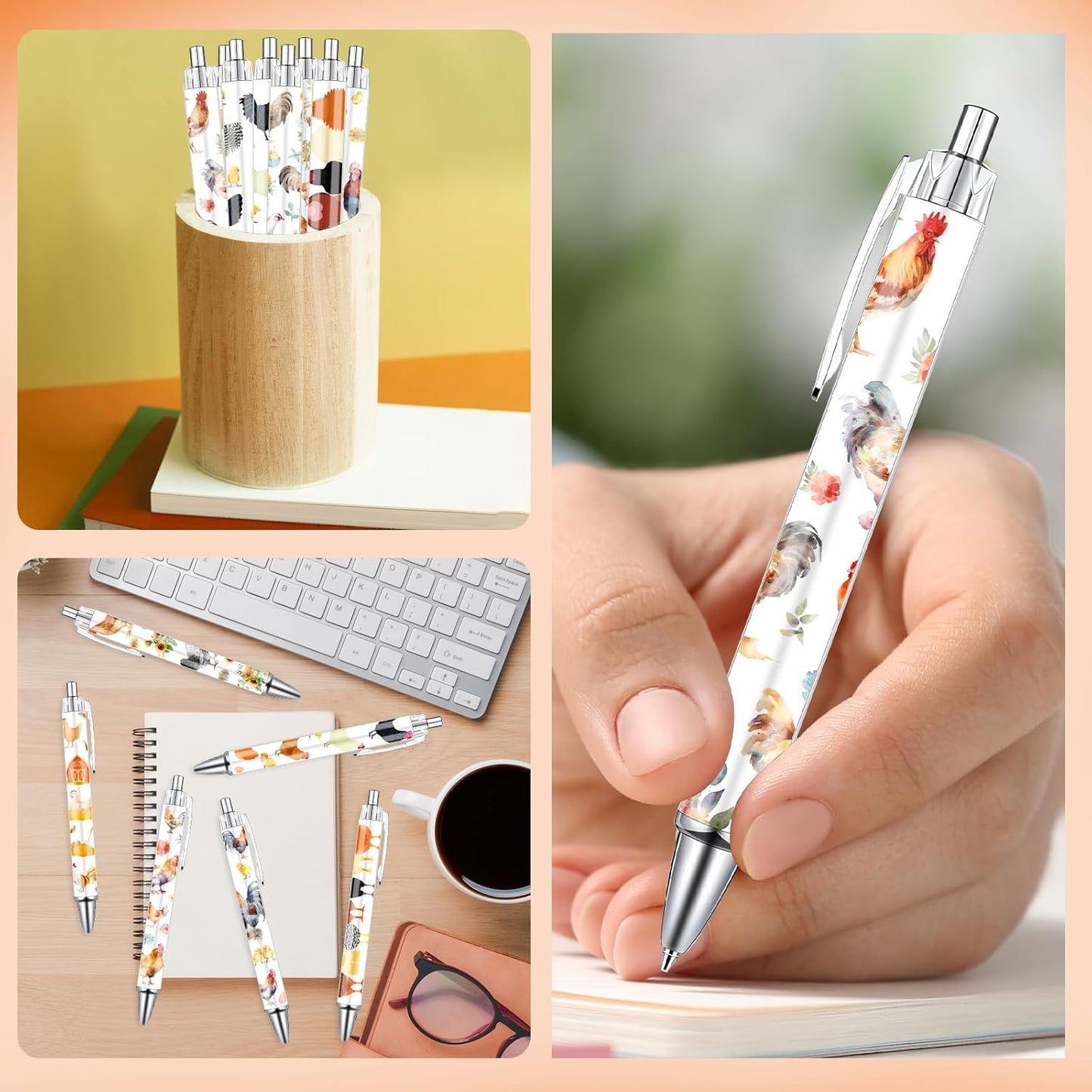 Chicken Ballpoint Pens Gifts - 24PCS Cute Roosters Pens Set Retractable Farm Animals Pens Smooth Writing Cartoon Chicken Pens for Office Stationery School Supplies for Women Teacher Gift