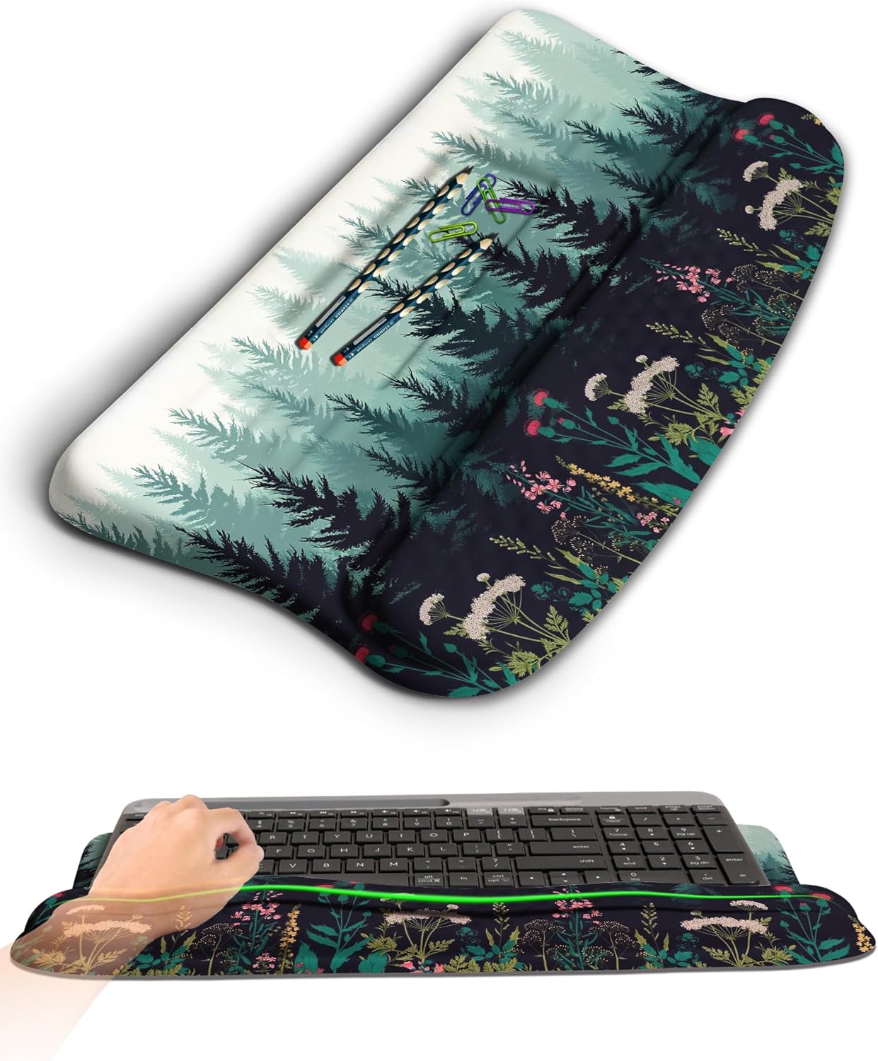 Ergonomic Wave Wrist Rest with Keyboard Stand, Cushioned Palm Rest, Comfortable Integrated Memory Foam for Natural Typing and Relieve Wrist Pain, Flower Sea Forest