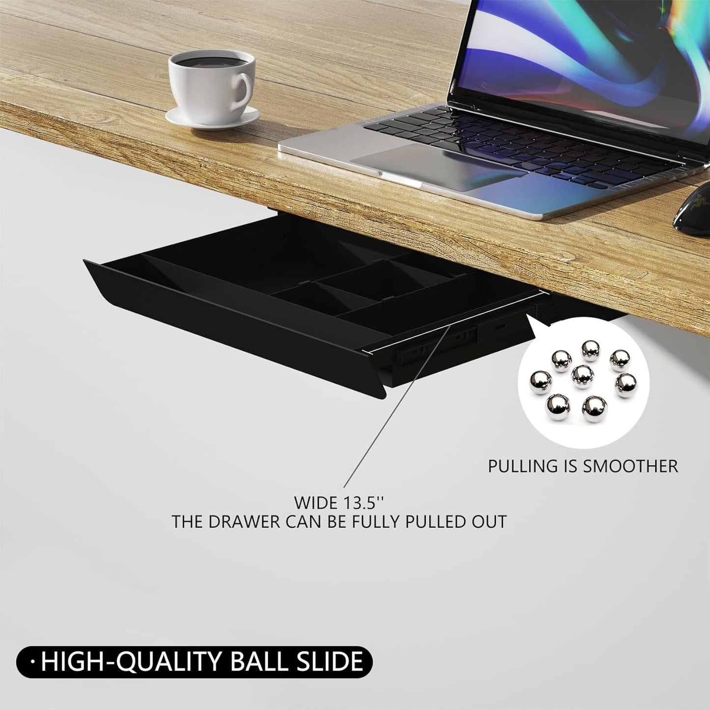 Under Desk Mounted Sliding Pull-out Drawer with Pencil Tray and Slide Storage Tray, 17'' long & 13.5'' deep Large Storage Organizer for Sit Stand Workstation