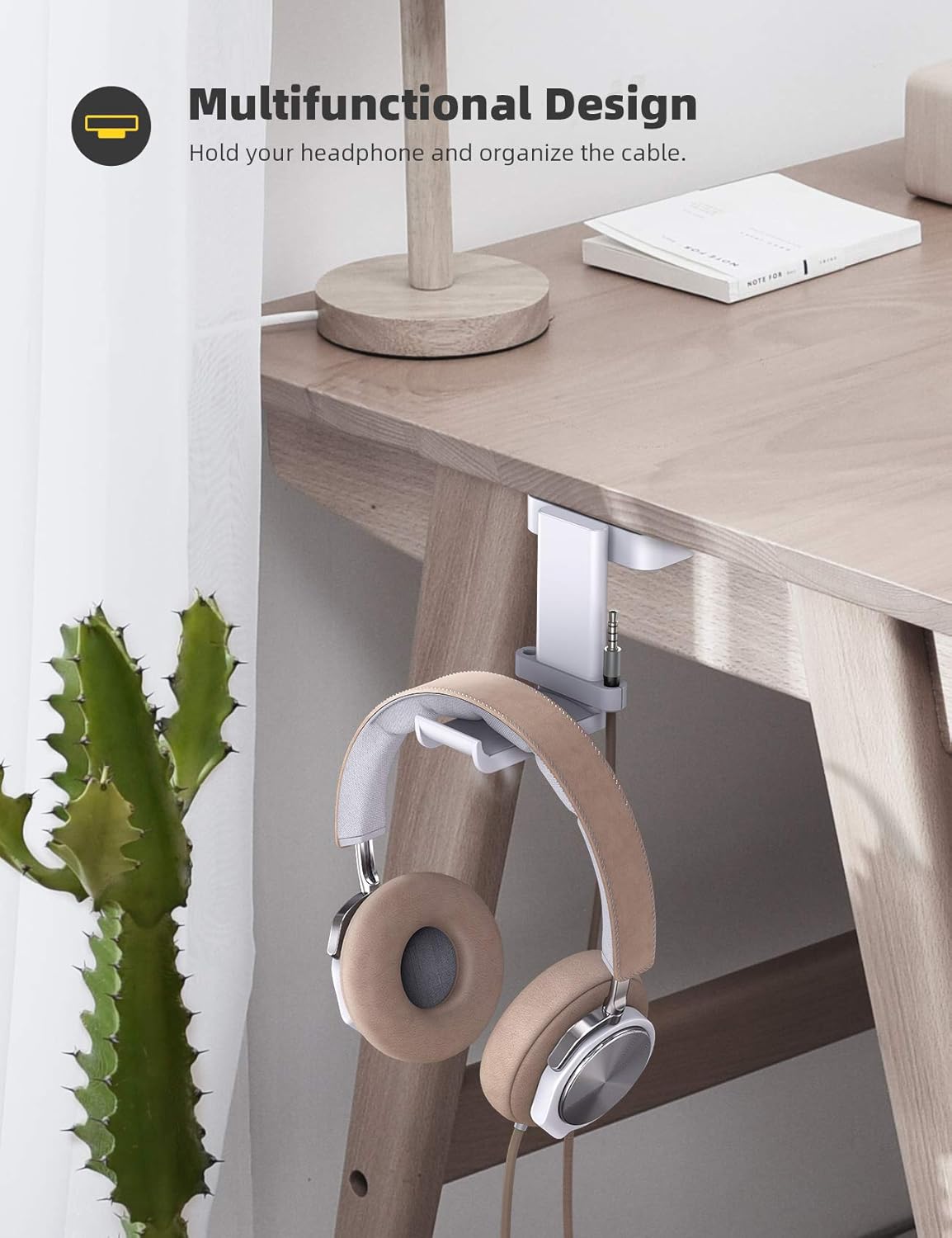 Lamicall Headphone Stand, Sticky Headset Hanger - 360 Degree Rotation Earphone Adhesive Hook Holder Mount, Table Headphone Stand with Cable Organizer, Headset Clamp for HyperX, Sennheiser -White